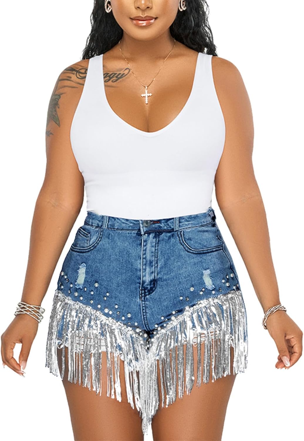 LifeShe Women Denim Short Rhinestone Pearl Beaded Fringe Tassel Jean Shorts - Image 4