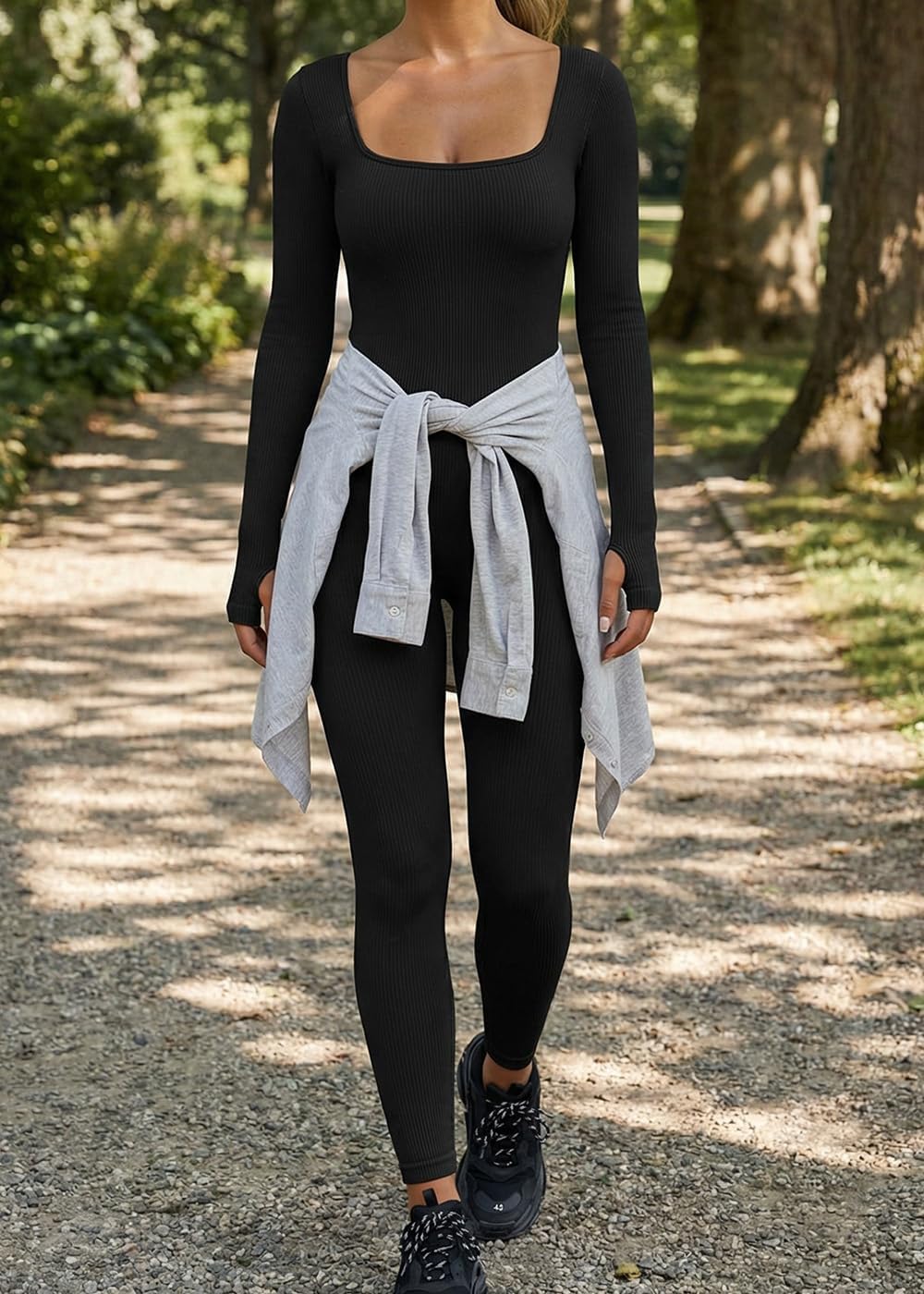 niyokki One Piece Workout Jumpsuits for Women, Long Sleeve Workout Bodysuit, Bodycon Seamless Yoga Ribbed Active Romper - Image 4