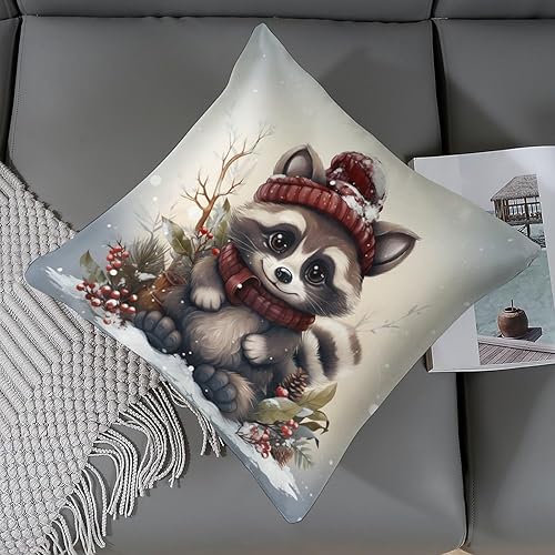 Miniatura 6 de Fundas de almohada de satén con diseño de mapache de dibujos animados, Navidad, nieve, invierno, funda de almohada cuadrada de bosque natural con