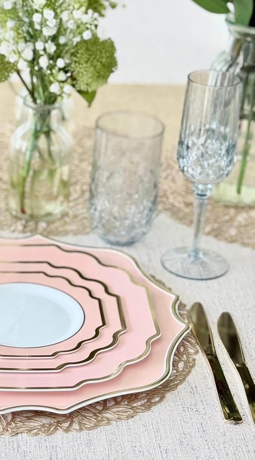 " OCCASIONS " 20 Pieces 13.25'' Scalloped Disposable/Reusable Plastic Charger Plates for Wedding, (Scalloped Imperial Blush & Gold)