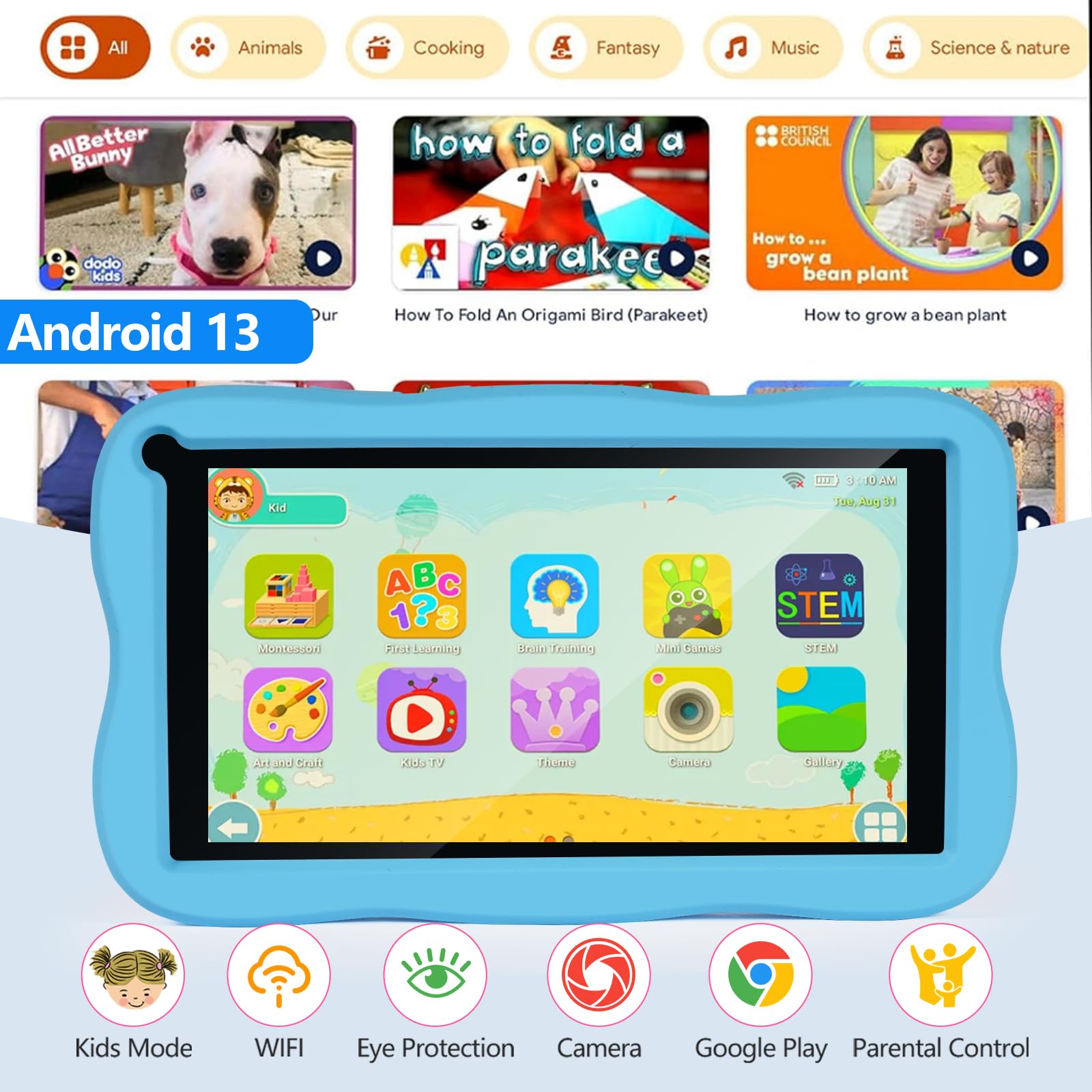 Tablet 7 cali SUMTAB, Android, 8GB RAM 64GB ROM, IPS HD, Kontrola rodzicielska, edukacyjna dla dzieci (Niebieski)