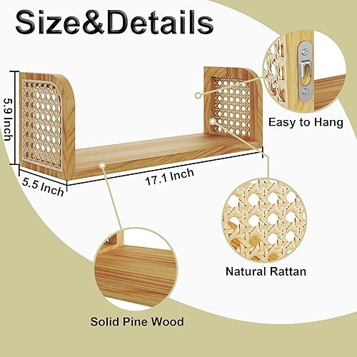 Miniatura 3 de Estante de pared de ratán, estantes colgantes para pared, estantes decorativos para decoración natural de guardería, estantes de repisa de fotos,