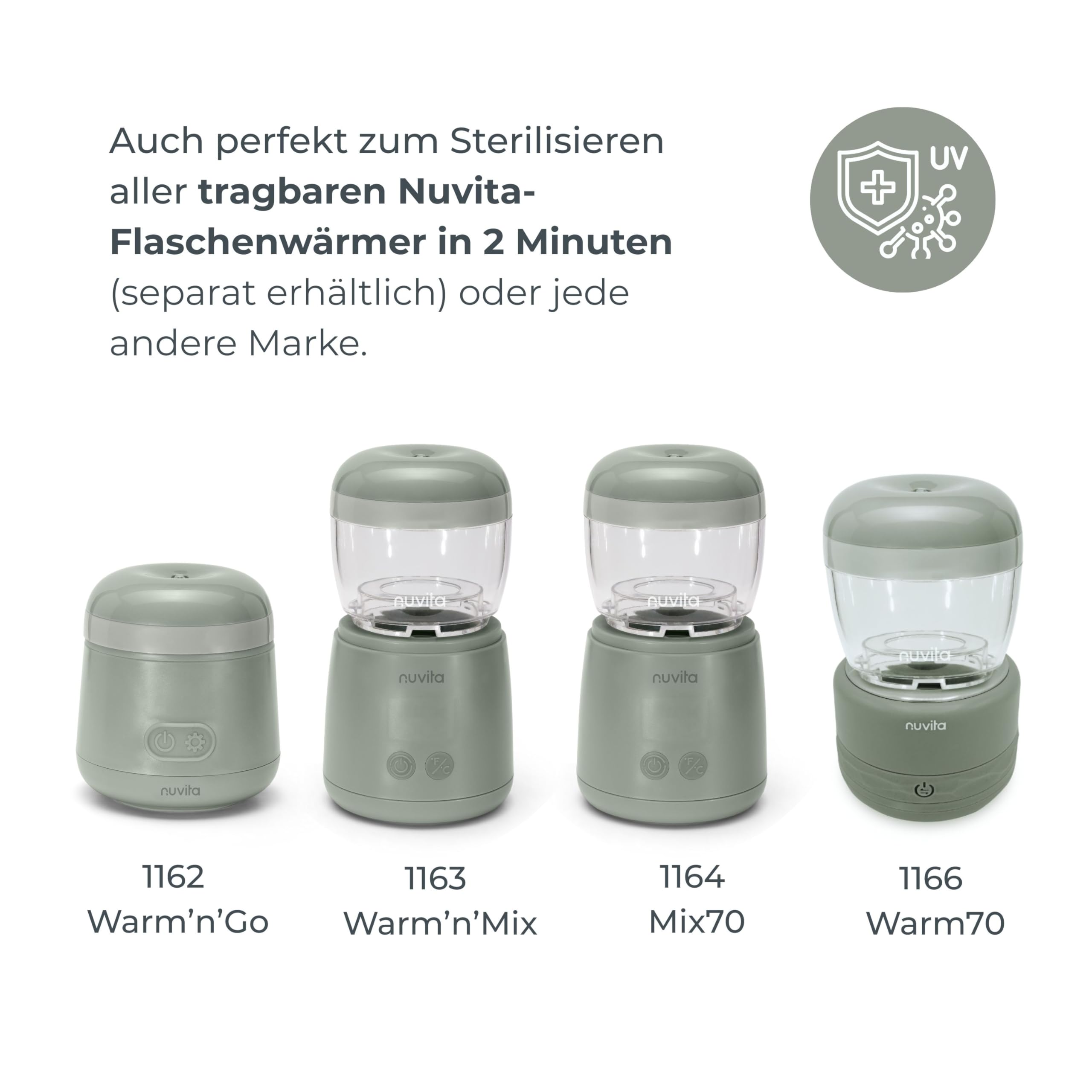 Nuvita 1556 | MellyPlus Tragbarer UV Sterilisator für Baby-Flaschen, Schnuller und Brustwarzenschutz,| tötet 99% der Keime | BPA-frei | Salbei Grün