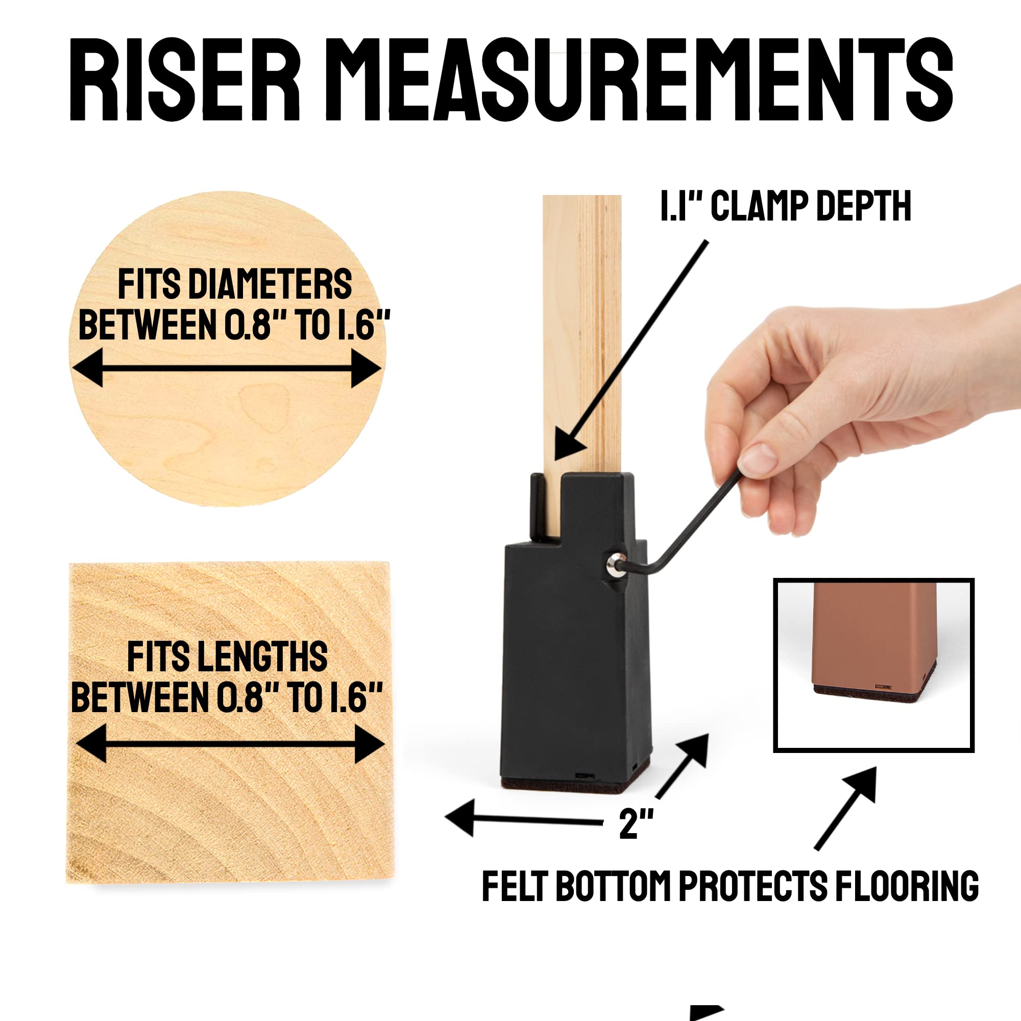 Goods4U Black 2" Chair & Furniture Risers with Adjustable Screw Clamp | 4 Pack | Attaches to Furniture Legs with Diameter 0.8"-1.6" | Provides Extra Space & Easy Installation