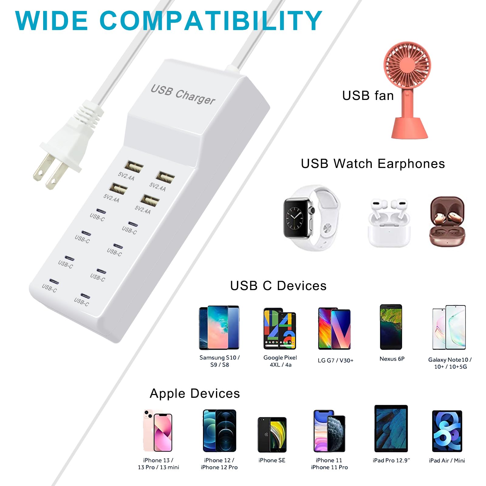 Bloc chargeur USB, station de charge 12 ports (4 USB-A 8 USB-C)