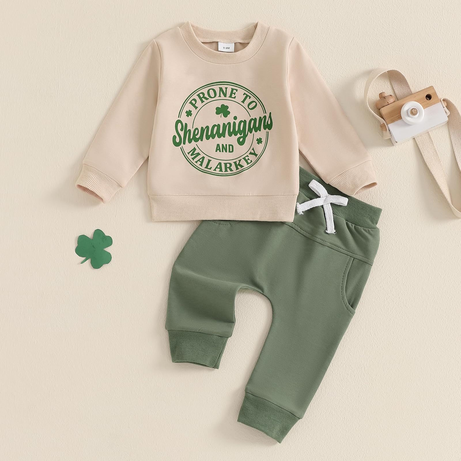 Fuethsuy Toddler Baby Boy St Patricks Day Outfit Letter Clover Print Long Sleeve Sweatshirt Sweatpants Set Spring Clothes (Khaki, 6-12 Months)