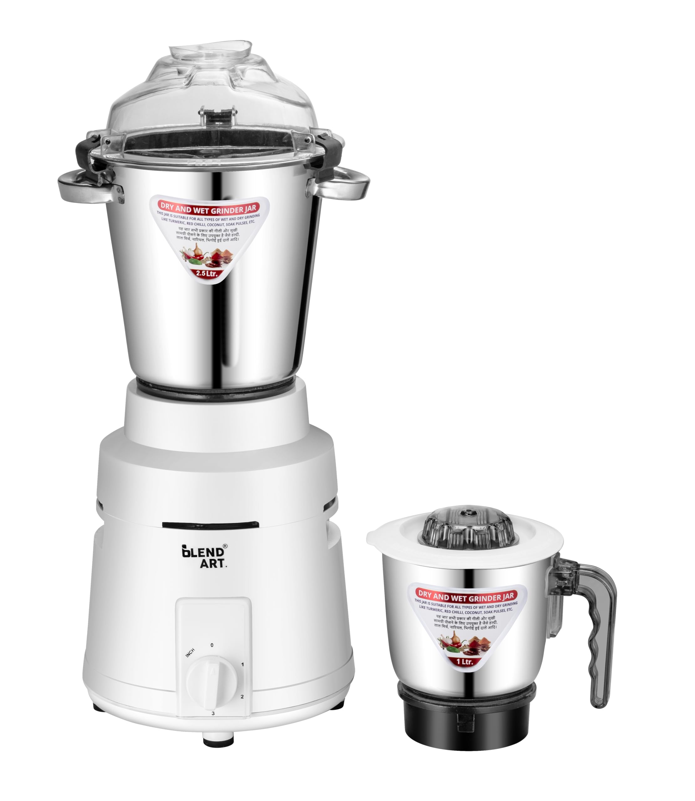 Blend Art 1500W Mixer Grinder for Kitchen | 2.5L Liquid Jar & 1L Stainless Steel Jar for Dry & Wet Grinding | Cool Touch Body | Low Noise | 3 Speed Control | Overload Protection | Silver Grey-image-16