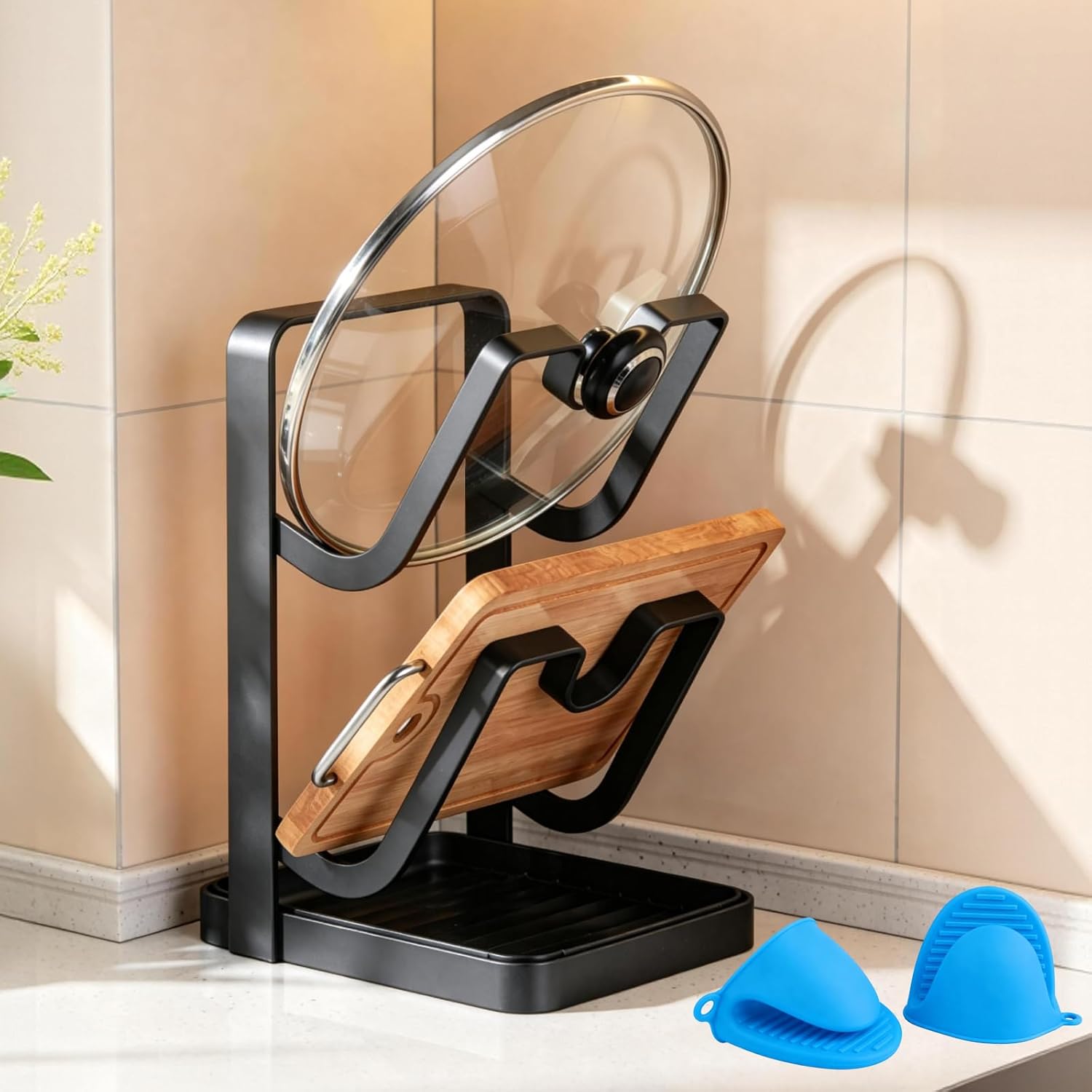 Pot Lid Holder for Countertop with Spoon Rest, Lid and Spoon Rest for Stove Top, 2-in-1 Pot Lid Organizer with Drip Tray, Heat Resistant Utensil Holder for Cooking