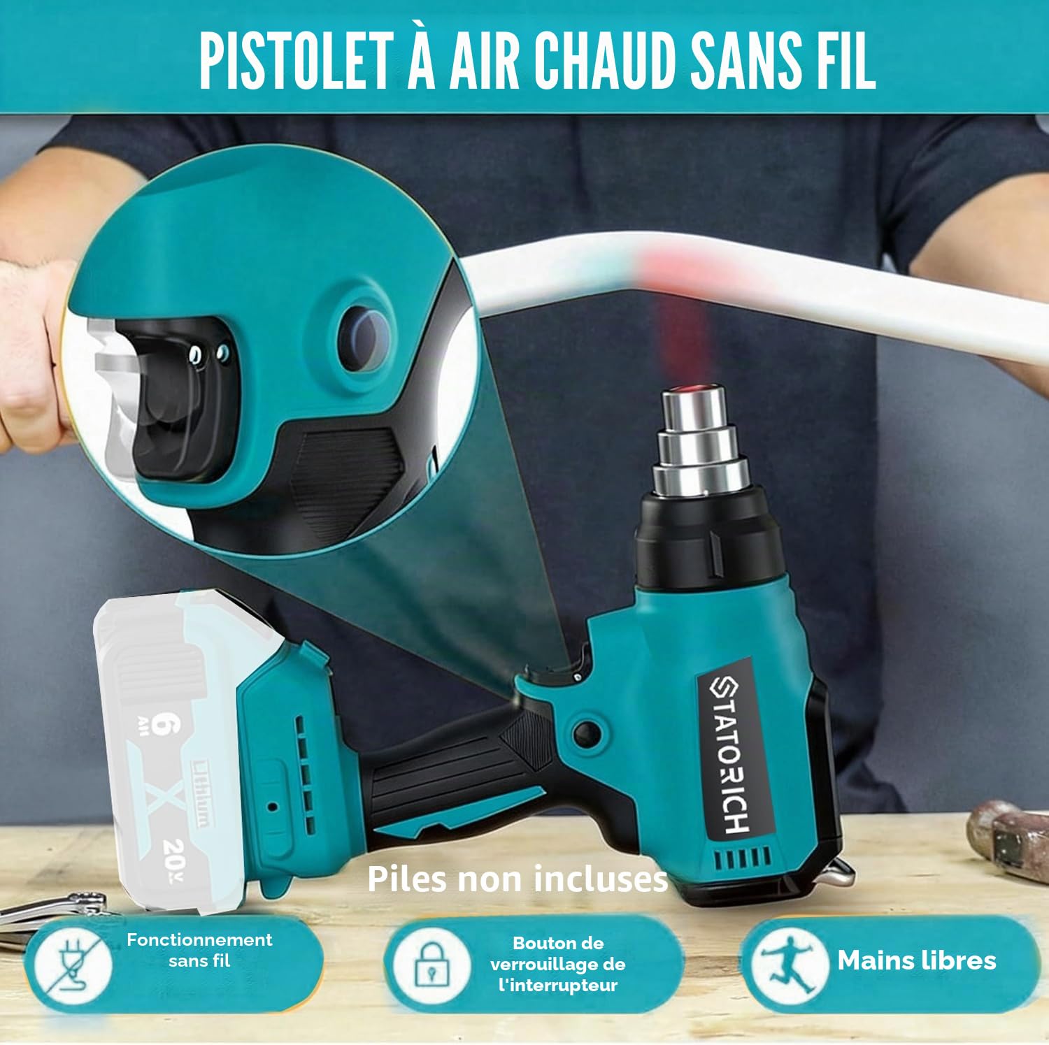 Pistolet à air chaud avec batterie pour Makita 18 V, pistolet à chaleur manuel avec lumières LCD numériques, 50 °C - 550 °C et contrôle de l'air pour bricolage, travaux manuels, extraction (sans