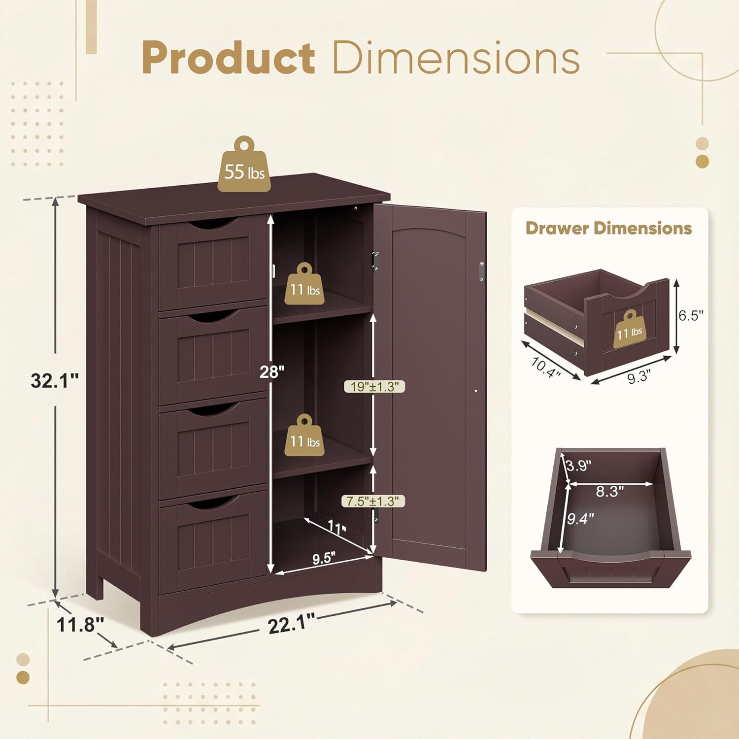 SUPER DEAL Bathroom Storage Cabinet with 4 Drawers and 1 Cupboard, Entryway Home Decor Furniture Towels Storage Organizer Unit, Brown