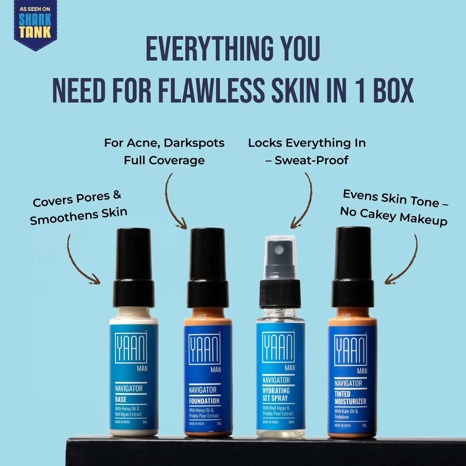 Yaan Man Navigator Range | Make Up For Men | Contains: Base, Foundation, Set Spray, Tinted Moisturizer| Light Weight, Invisble On Skin | For All Skin Types (Dark), 4 Count 1