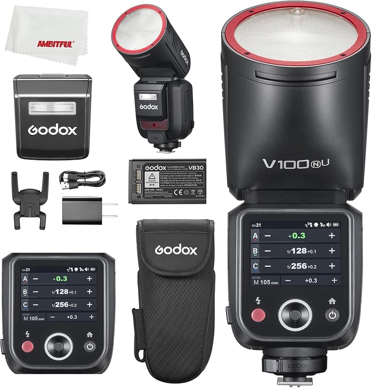 Godox V100 N V100N 100Ws Round Head TTL Speedlite Flash for Nikon Cameras | 2.4G X Wireless System, 1/80000s HSS, 2980mAh Li-ion Battery, Detachable SU-1 Sub Flash, Built-in LED Modeling Lamp