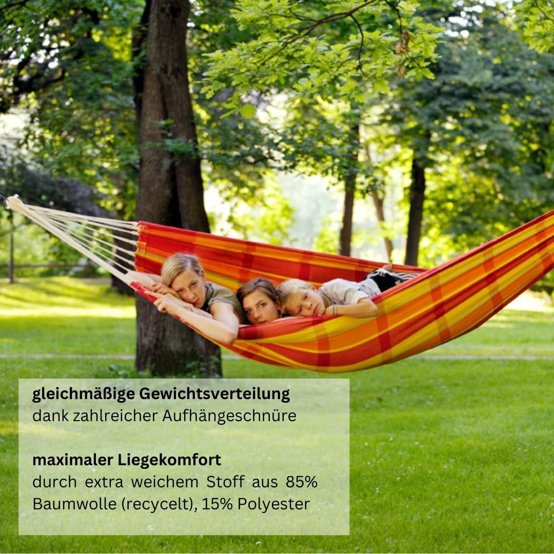 AMAZONAS Barbados - Klassische brasilianische XL Hängematte für 2 Personen | Handgefertigt, aus recycelten Materialien | Liegefläche 230x150cm | Belastbar bis 200 kg