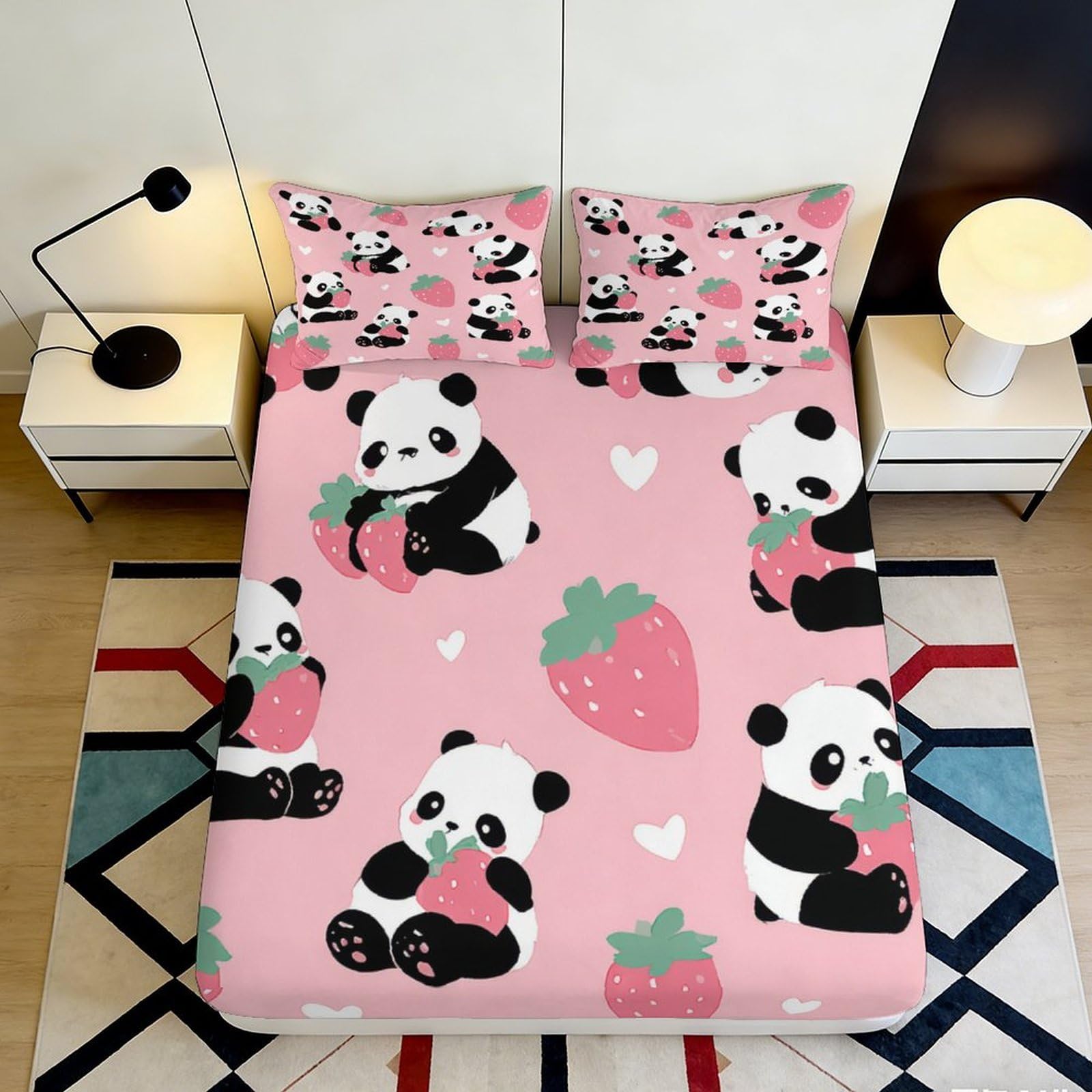 3D Printed Pink Panda Heart Fitted Sheet, Microfiber Mattress Cover for Bedroom, Dorm and Guest Room 90x200x25cm