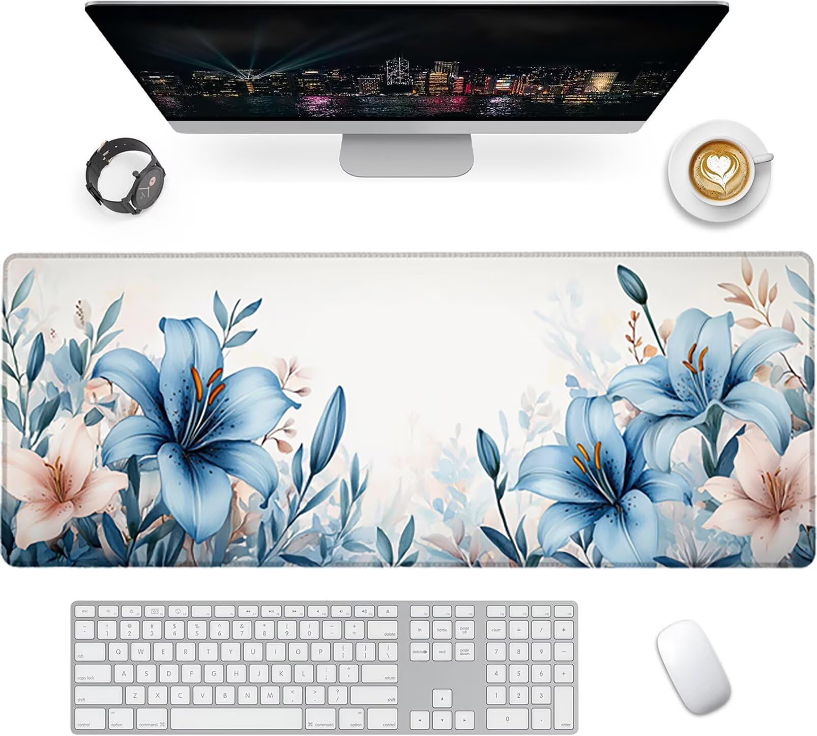 Lpfieonn Blume Großes Schreibtischunterlage, XXL Schreibtischunterlagen, Weiß XXL Wasserdicht Gaming Mousepad mit Vernähter Rand und Rutschfeste Gummibasis, für Laptop/Hause/Büro 120x60cm PF-1637