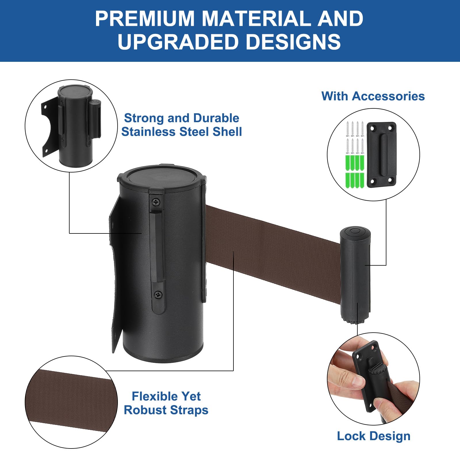 MECCANIXITY Barrera retráctil de montaje en pared fija, cinturones retráctiles fijos de control de multitudes de 10 pies para colas, tiendas minoristas, estadios, cinturón marrón con funda de ABS