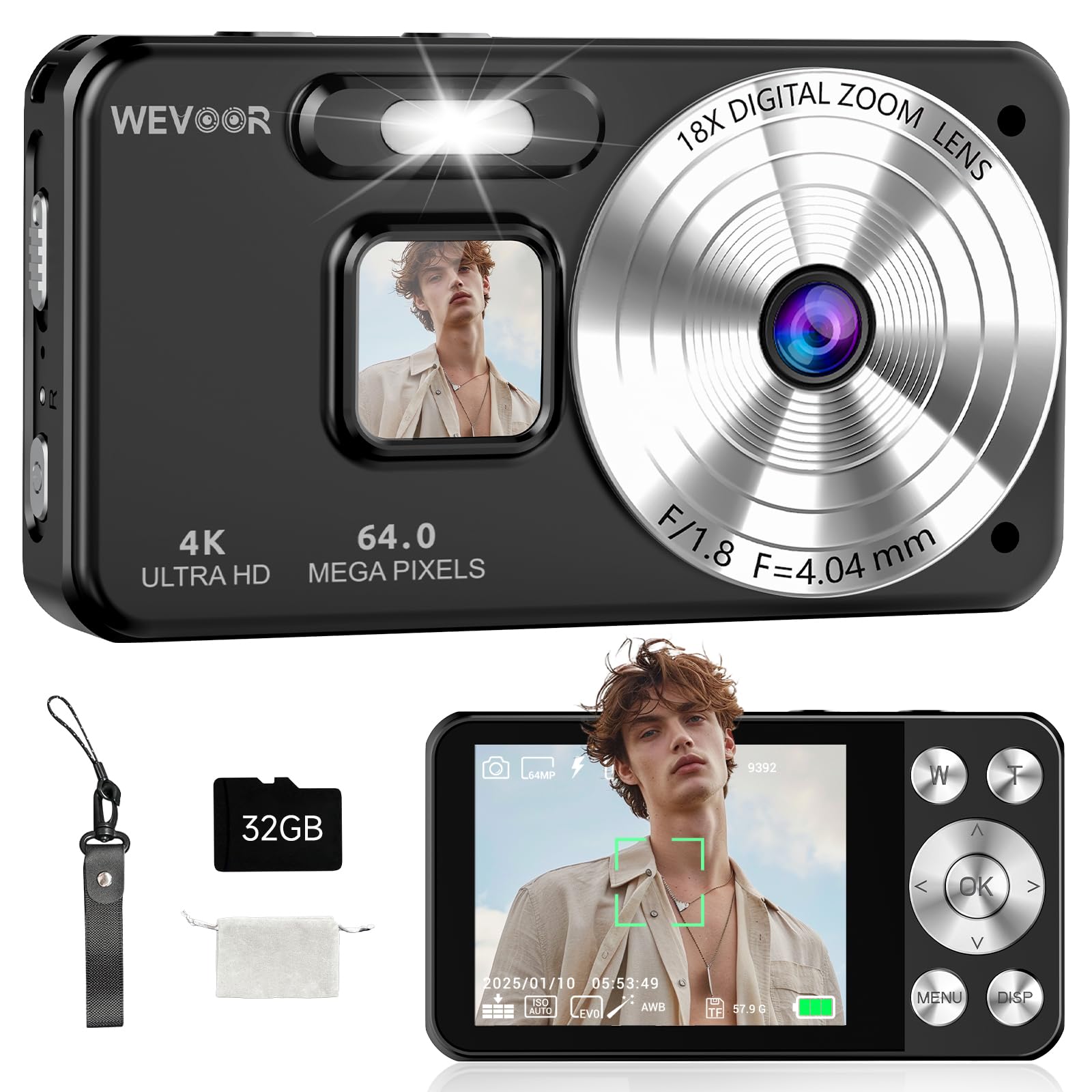 Appareil Photo Numérique 4K 64MP, Wevoor 32GB Digital Camera Compact | Écran 2,8", Autofocus, Zoom Numérique 18X, 2000mAh Batterie, Portable pour Débutants Adultes Enfants Adolescents - Noir