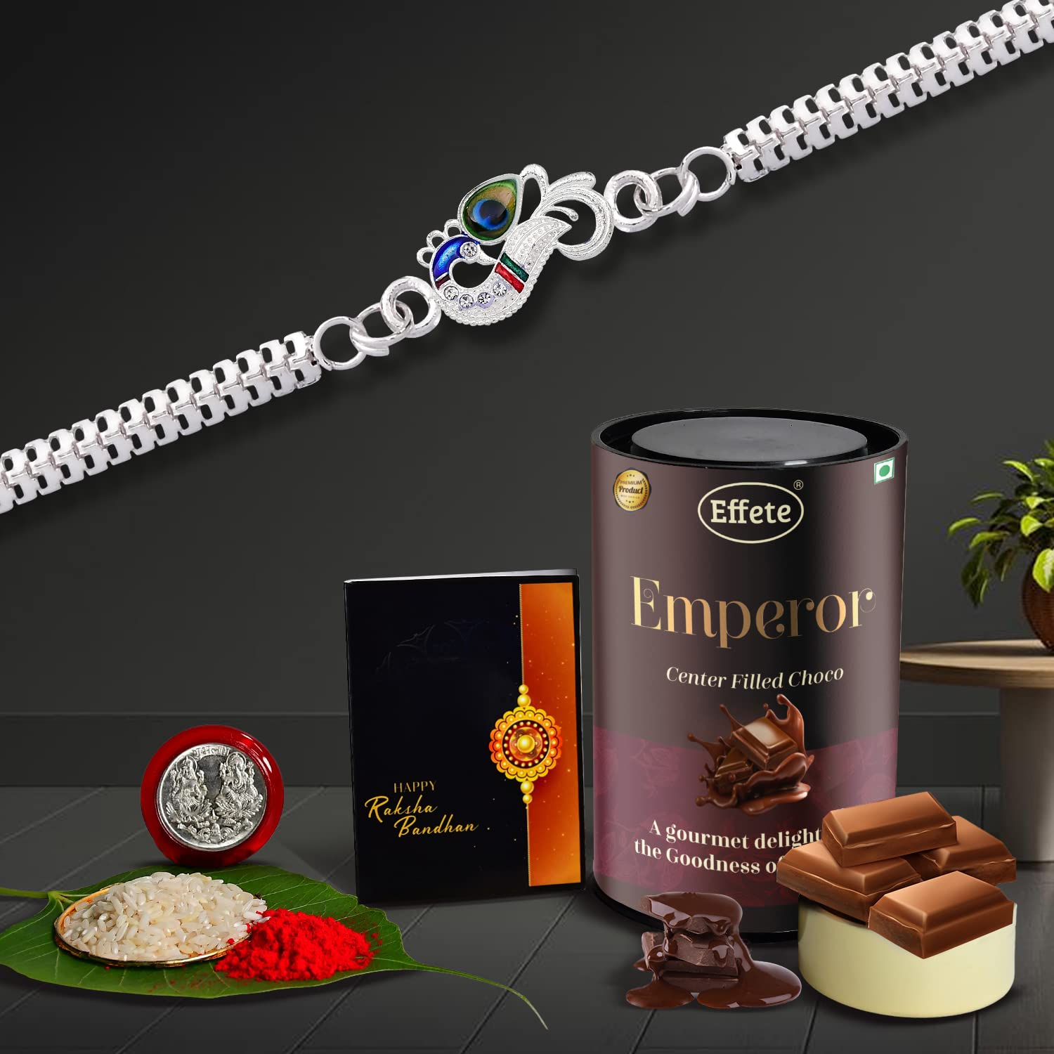 DeoDap (K1_C26_MRN) Multicolor Rakhi Combo & Effete Chocolate Emperor (MRN) with Silver Color Pooja Coin, Roli Chawal & Greeting Card | Occasion | Rakhi & Chocolate for brother | bracelets for men stylish | rakhi with gift | Rakhi Combo | Set of 1 Rakhi | Rakhi Chocolate Gift combo | K1_C26_MRN |-image-15