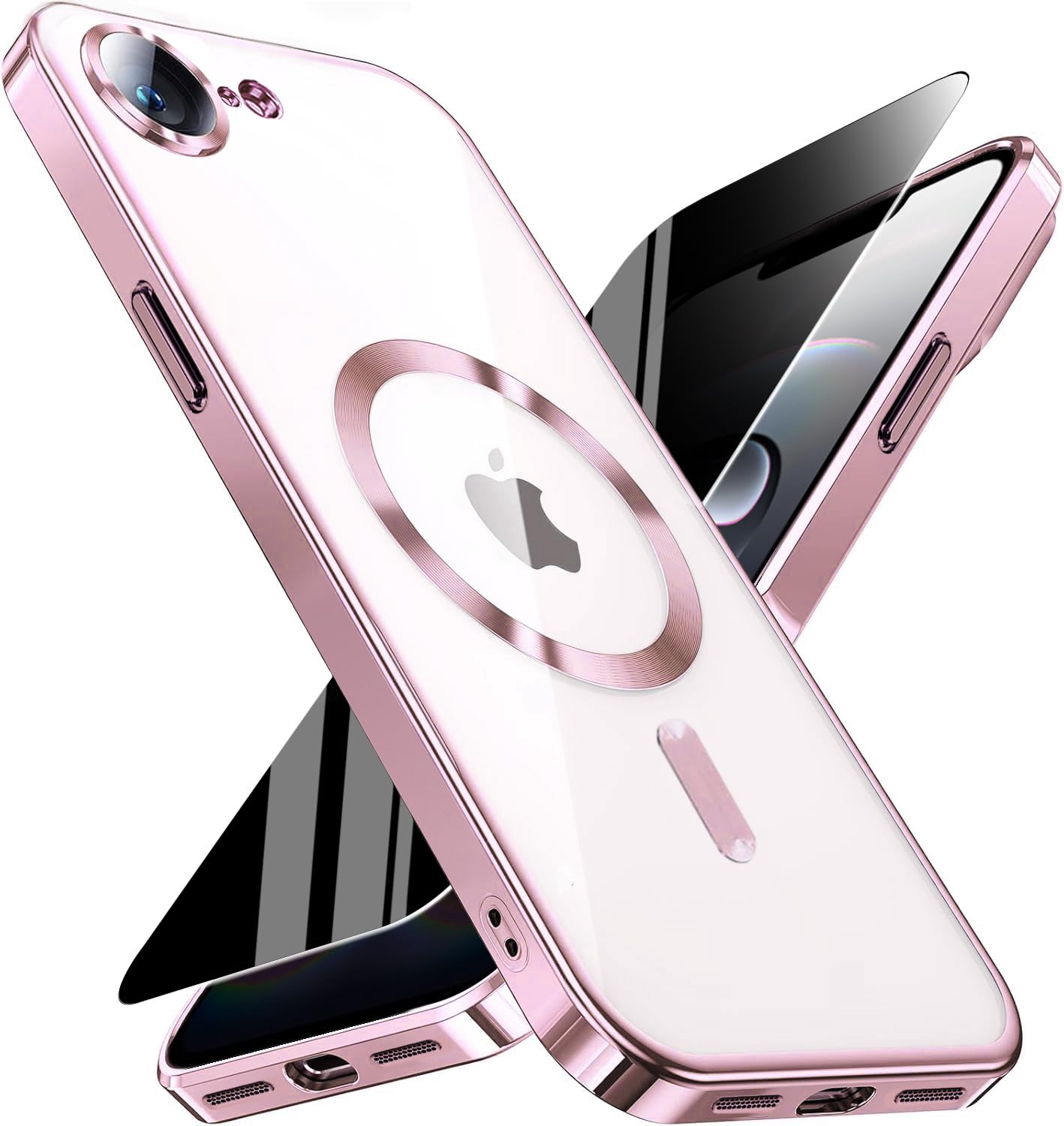 Magnetic for iPhone 17e/16e Case with Privacy Screen Protector &amp; Full Camera Cover,[Non-Yellowing] Plating Glossy Soft Shockproof Clear Phone Case with MagSafe Women Girls for iphone 16 e/ 17 e,Pink