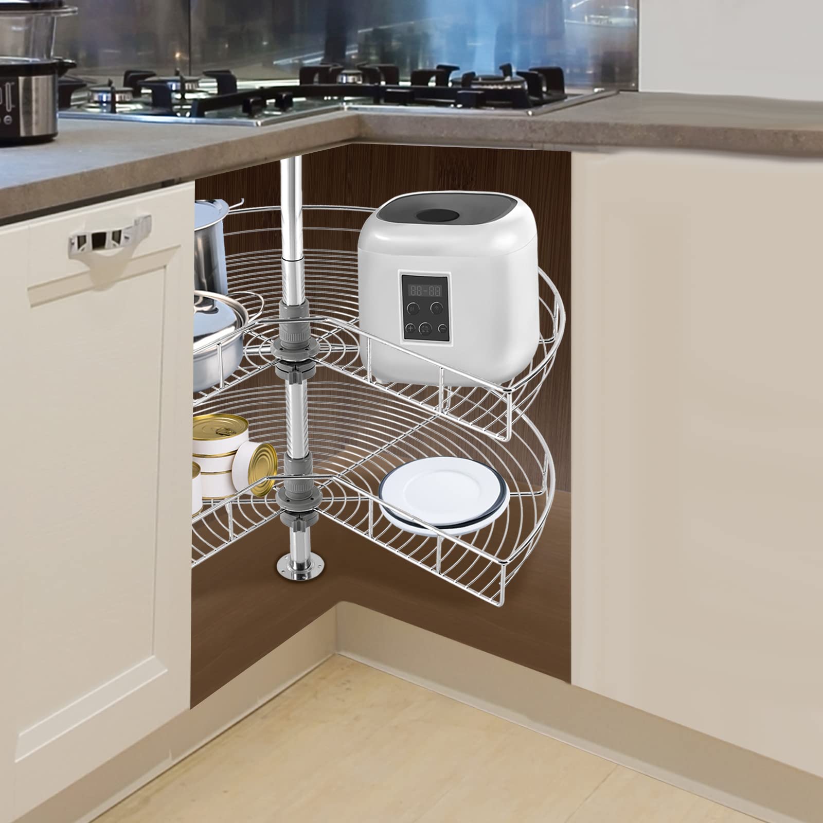 2 Tier Kidney-Shaped Lazy Susan, 28 Inches Rotating Turntable Storage Wire Trays for Kitchen Base Cabinet Blind Corner Storage with Telescoping Mount