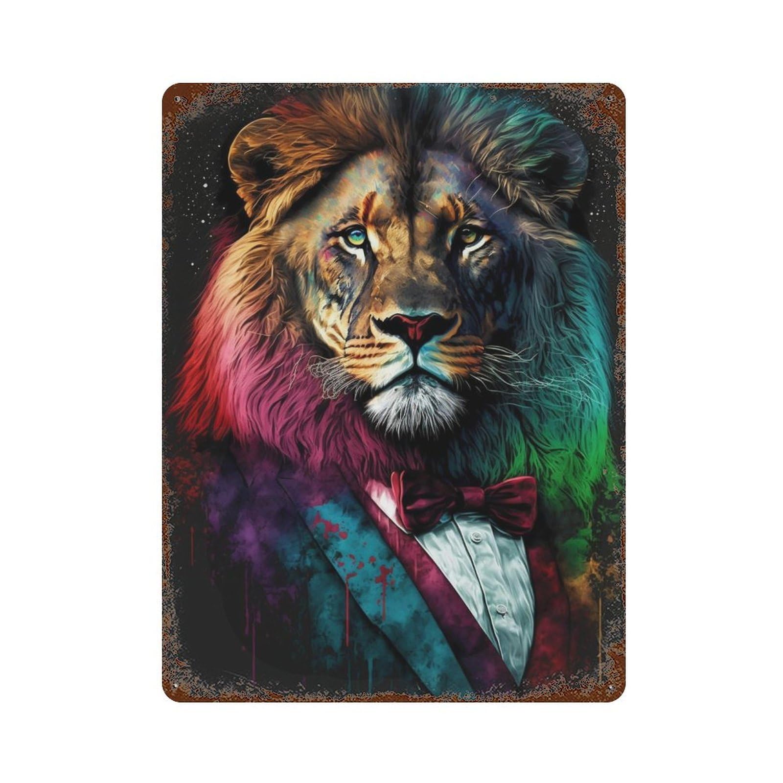 Rust Effect Colorful Lion Art Print-27 Distressed Metal Wall Sign 15.7"x11.8", Shabby Chic Decor for Pub, Kitchen And Man Cave Decor
