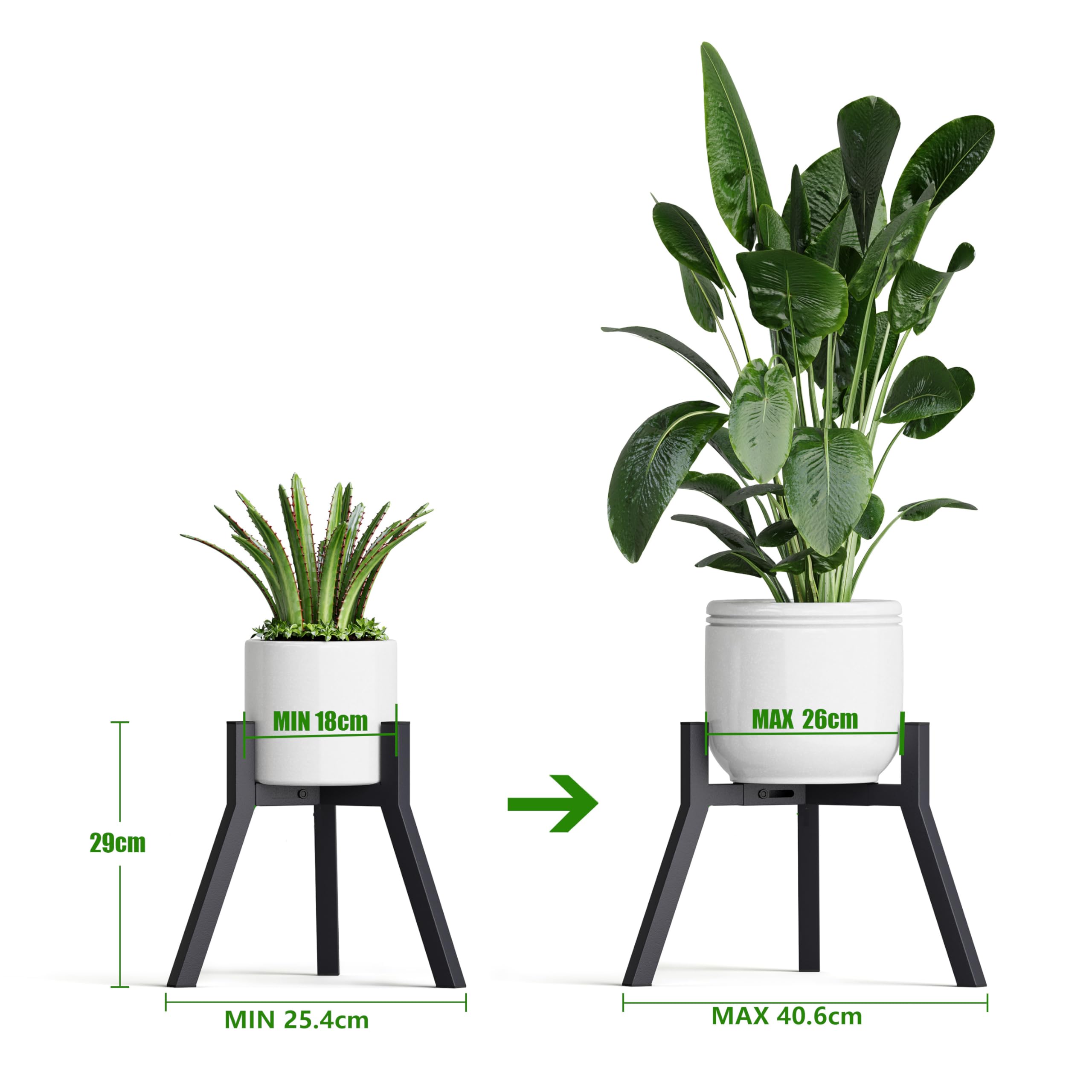 Juego de 2 Soportes Para Plantas y Maceteros Decorativos de Interior Ajustables de Metal Apto Para Macetas de Diferentes Tamaños Negro （Sin Maceta） PS-007BK-2