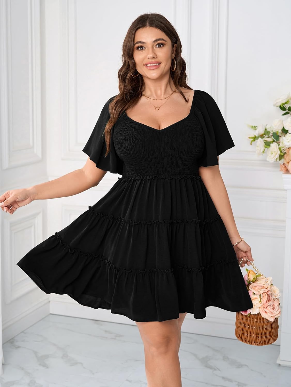Womens Plus Size Casual Mini Dress Sweetheart Neckline Short Flutter Sleeve Smocked A Line Tiered Ruffle Dresses - Image 2