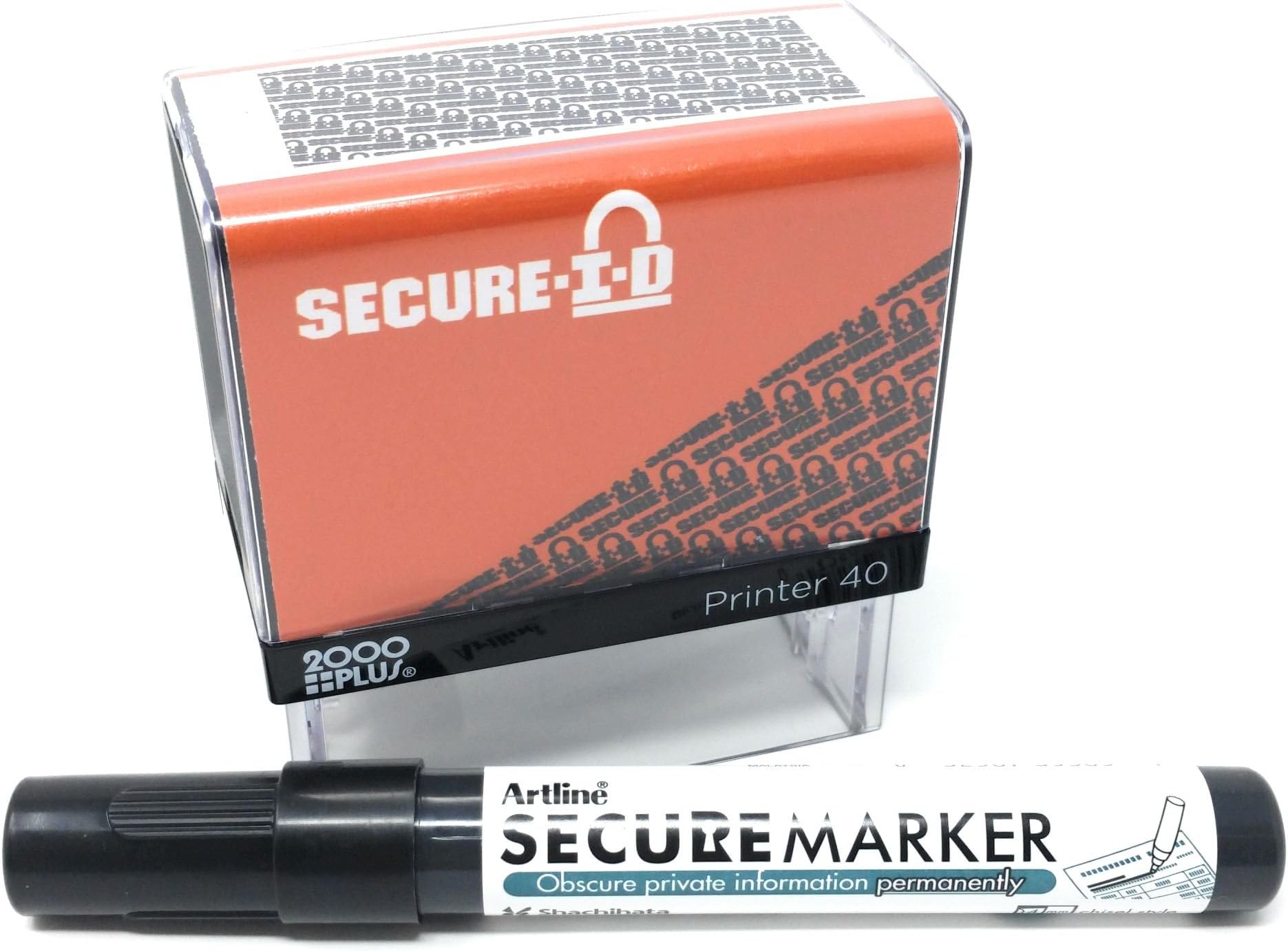 SECURE ID and SECURE MARKER COMBO, Identity Theft Block Out Stamp and Marker Combo. Perfect For Blocking Out Confidential Information, Orange Case