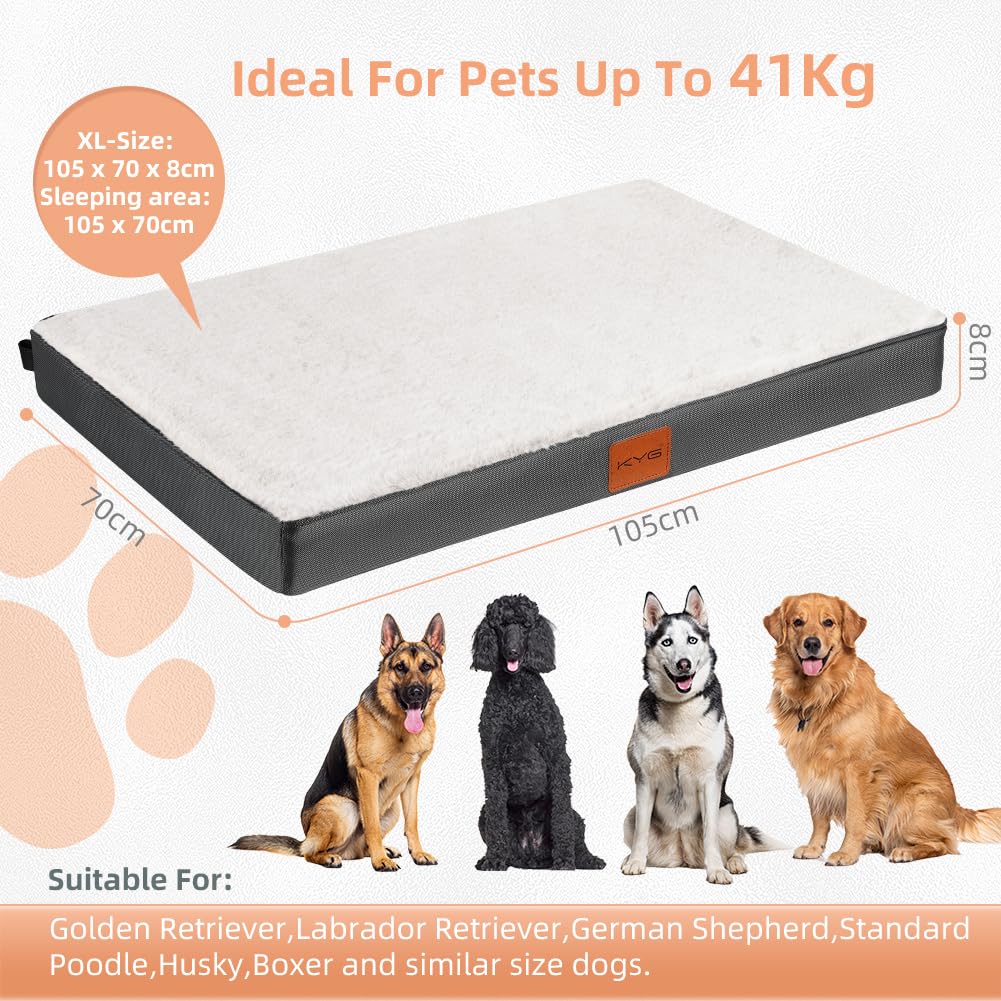 KYG Cuscino per Cani Taglia Grande,Letto per Cani,Cuccia Cane Interno in Uovo Foam,Materassino per Cani con Fodera Impermeabile,Divano per Cani Sfoderabile e Lavabile,Bianco Grigio,105x70x8cm
