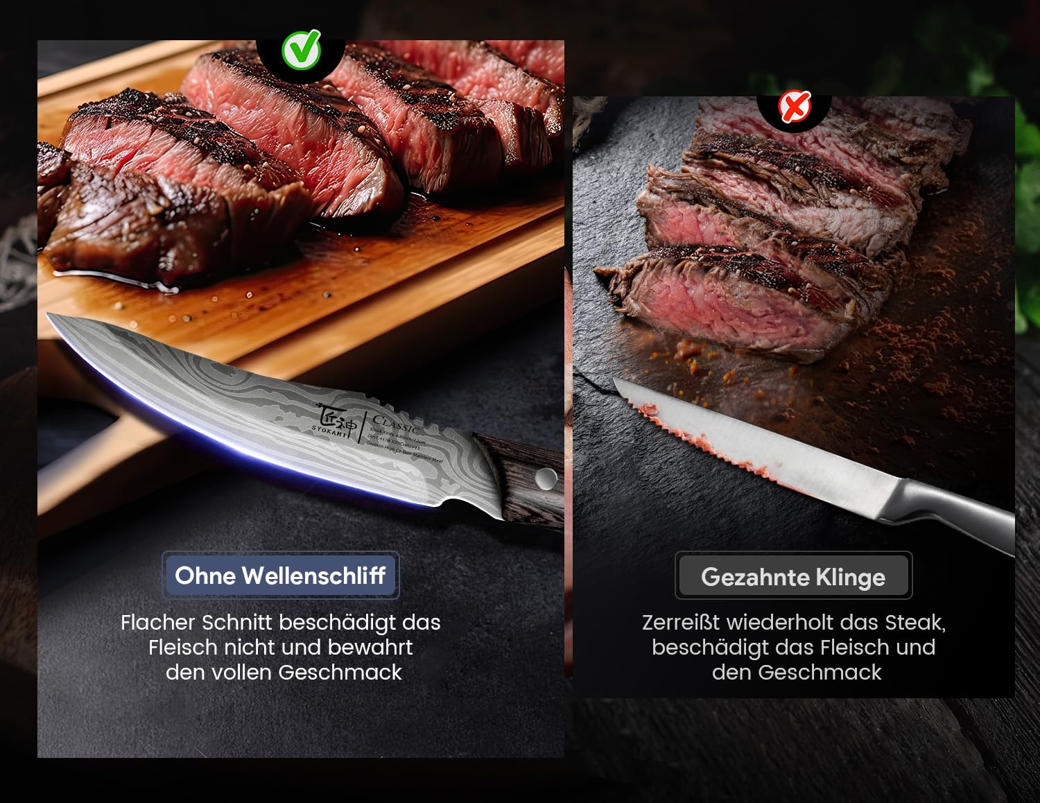 SYOKAMI Steakmesser Set 6 Teilig, 12,2cm Glattes Steakmesseraus japanischem Edelstahl mit hohem Kohlenstoffgehalt und Holzgriff, Damastmuster, Full-Tang-Design, Haarscharf