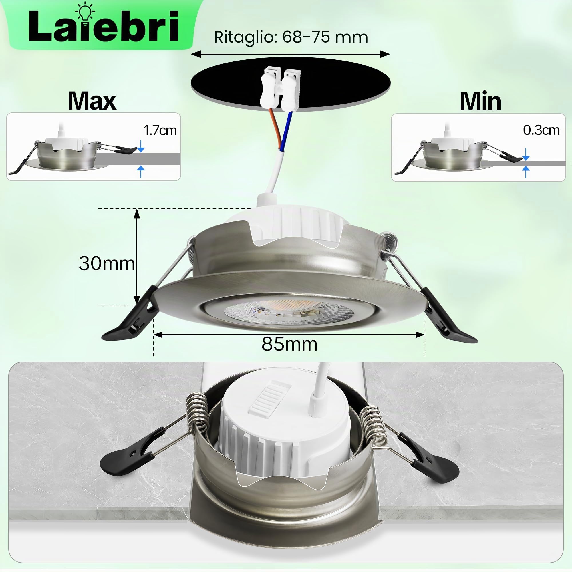 Faretti LED da incasso, 230V, dimmerabili, 6W, IP44, diametro 68mm, orientabili a 38°, temperatura colore 3000K/4000K/6000K, per bagno, faretti piatti da incasso, Nichel, 6er