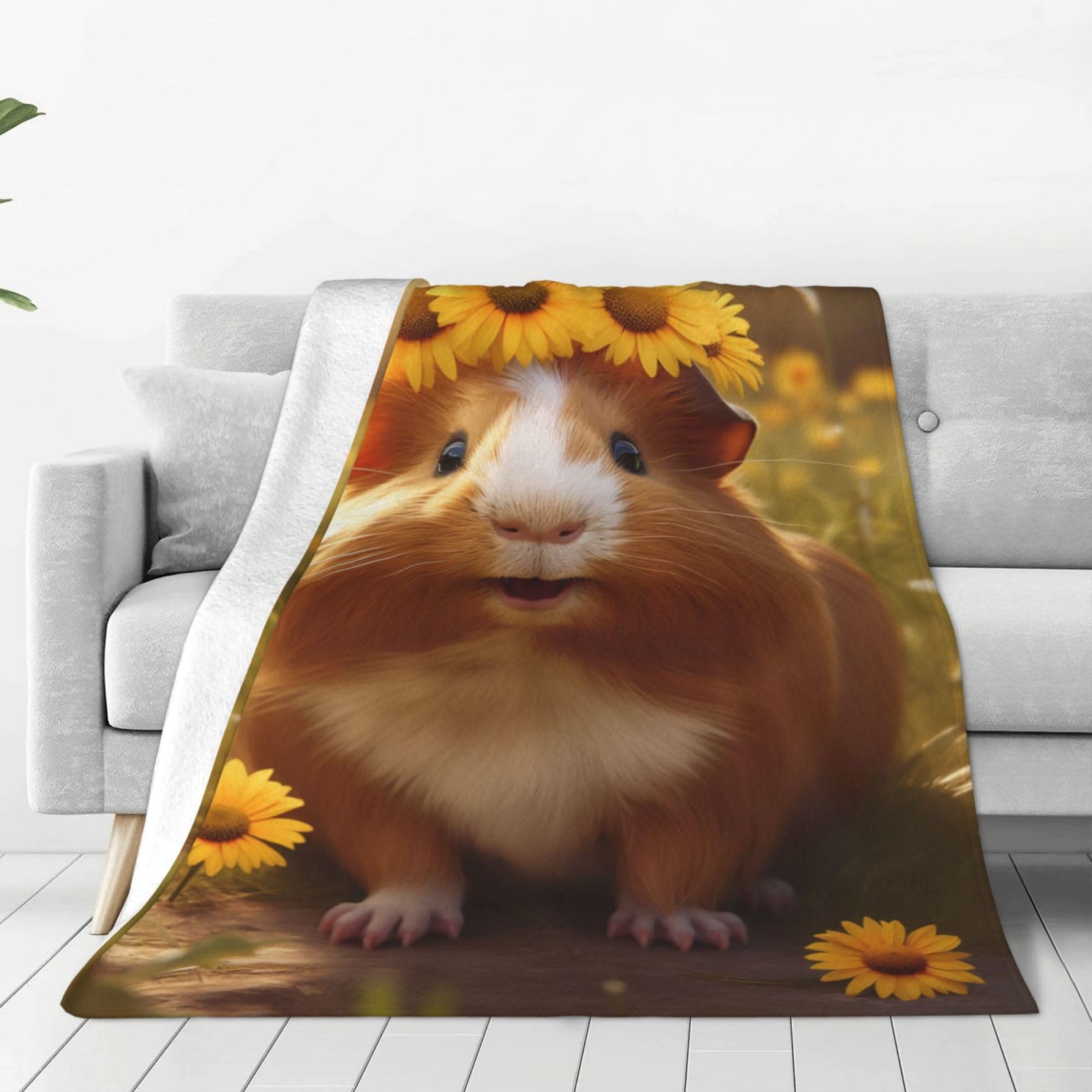 Niedliche Sonnenblumen-Decke mit Meerschweinchen-Motiv, Geschenke für Kinder, lustiger Haustier-Meerschweinchen-Druck, Überwurfdecke, weiche Flanell-Plüsch-Steppdecke für Bettwäsche, Sofa