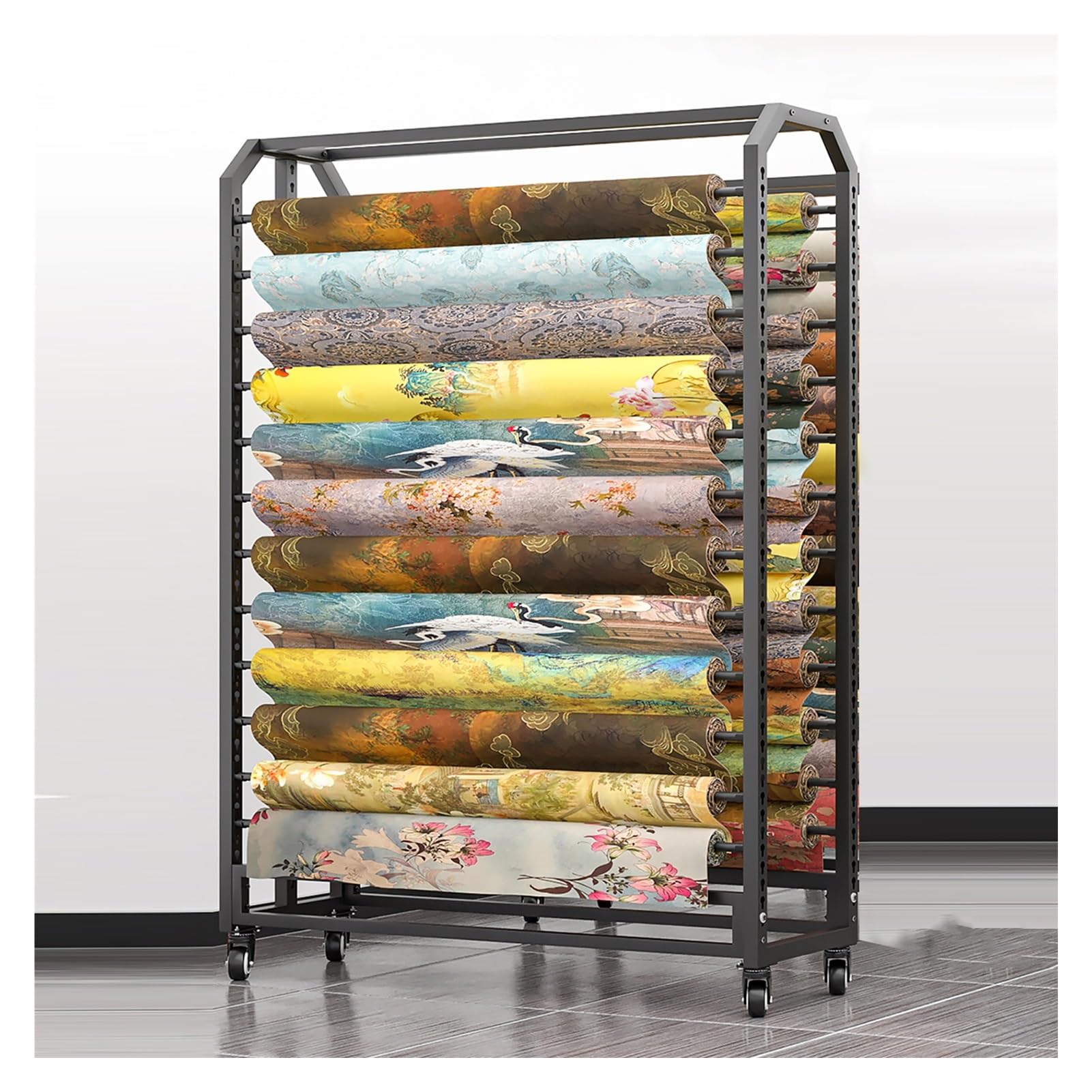 Estante de almacenamiento de rollos de tela, estante de almacenamiento de rollos de tela textil comercial, soporte de rollo de vinilo con rueda, para rollos de papel pintado de cuero (10 varillas)