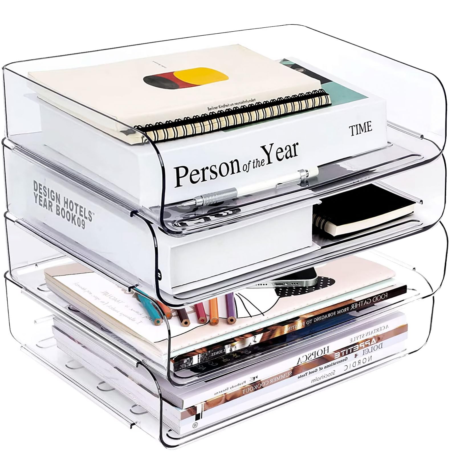 Greentainer Stackable Clear Paper Trays - Desktop Racks for Desk File Rack,Letter Tray,Accessories Tray for Desktop,A4 Paper Holder,Supplies,Magazine,File Documents,Receipts (4pack, Clear) — image 1