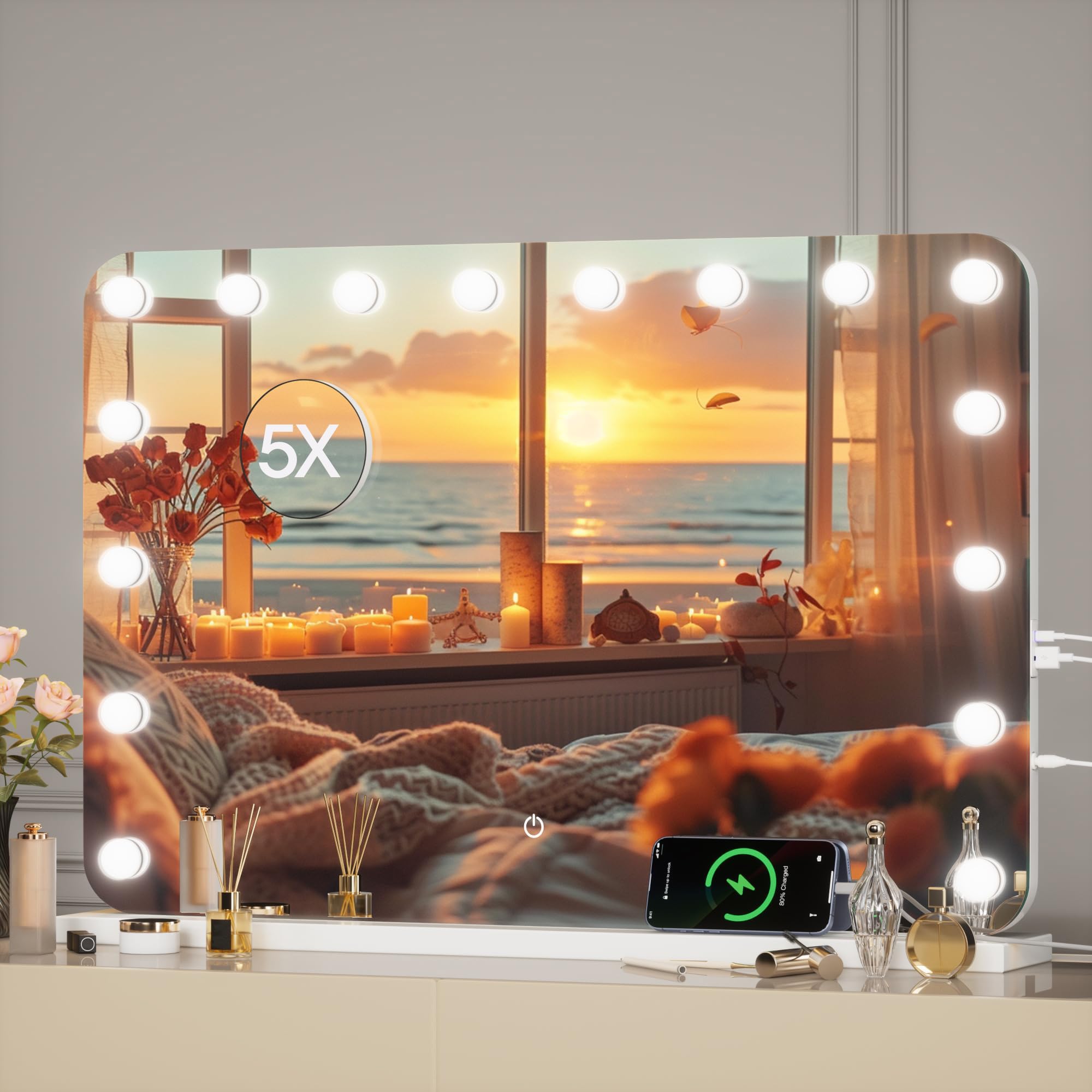 36''X24'' Hollywood Vanity Mirror with Lights, Lighted Makeup Mirror with 16 Dimmable LED Bulbs, 3 Color Lighting Modes & Stepless Dimming, USB & Type-C Charging Port, Wall Mounted Or Tabletop