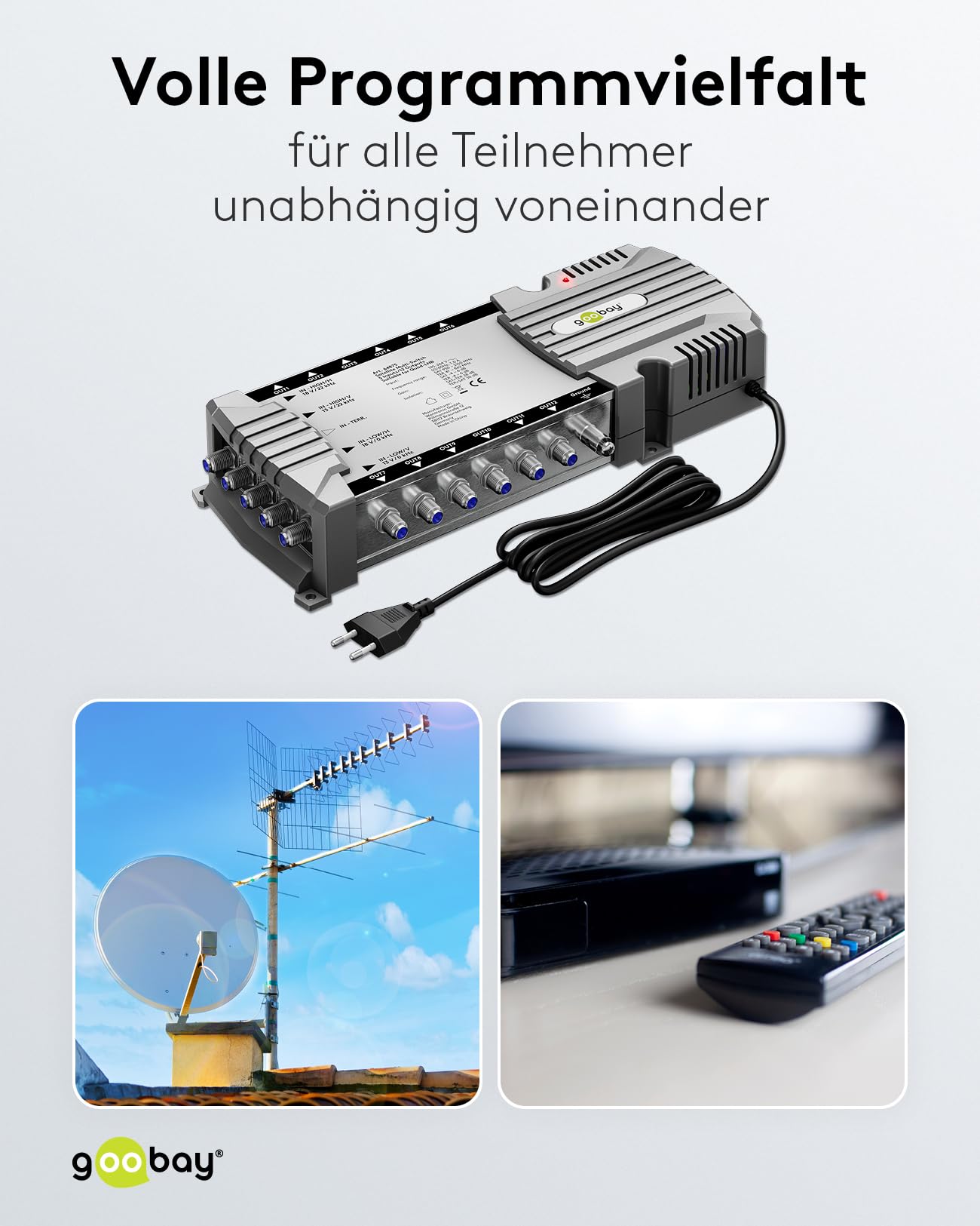 goobay 64875 Multiconmutador satélite/Multiconmutador Compacto / 5 entradas / 12 Salidas / 4K, 8K UHD/Dab+ / para 12 participantes