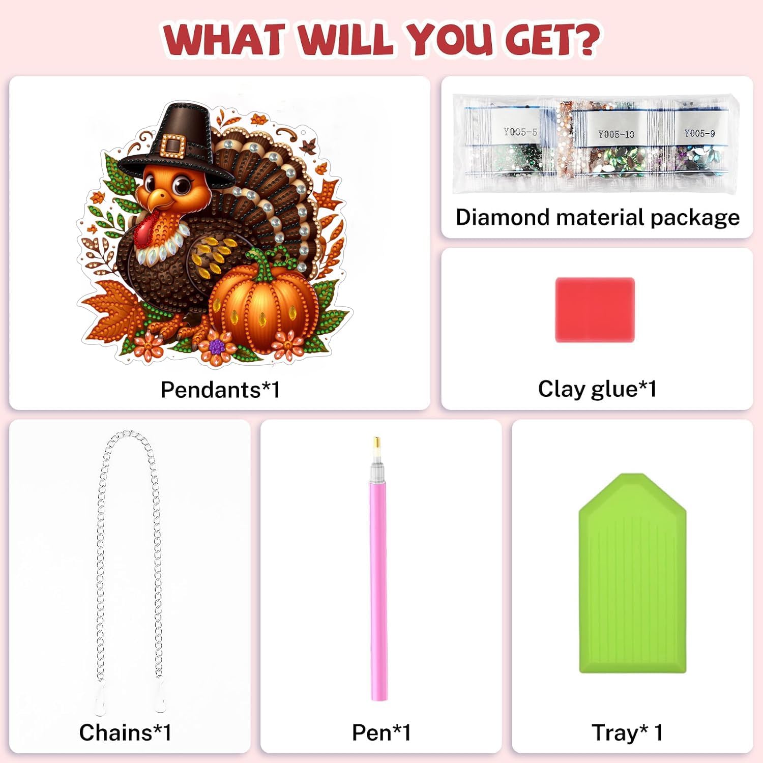 ZeeLionArt Diamond Art Hanging Ornament, Pumpkin Flower Turkey, 7.1×7.1Inch image 3