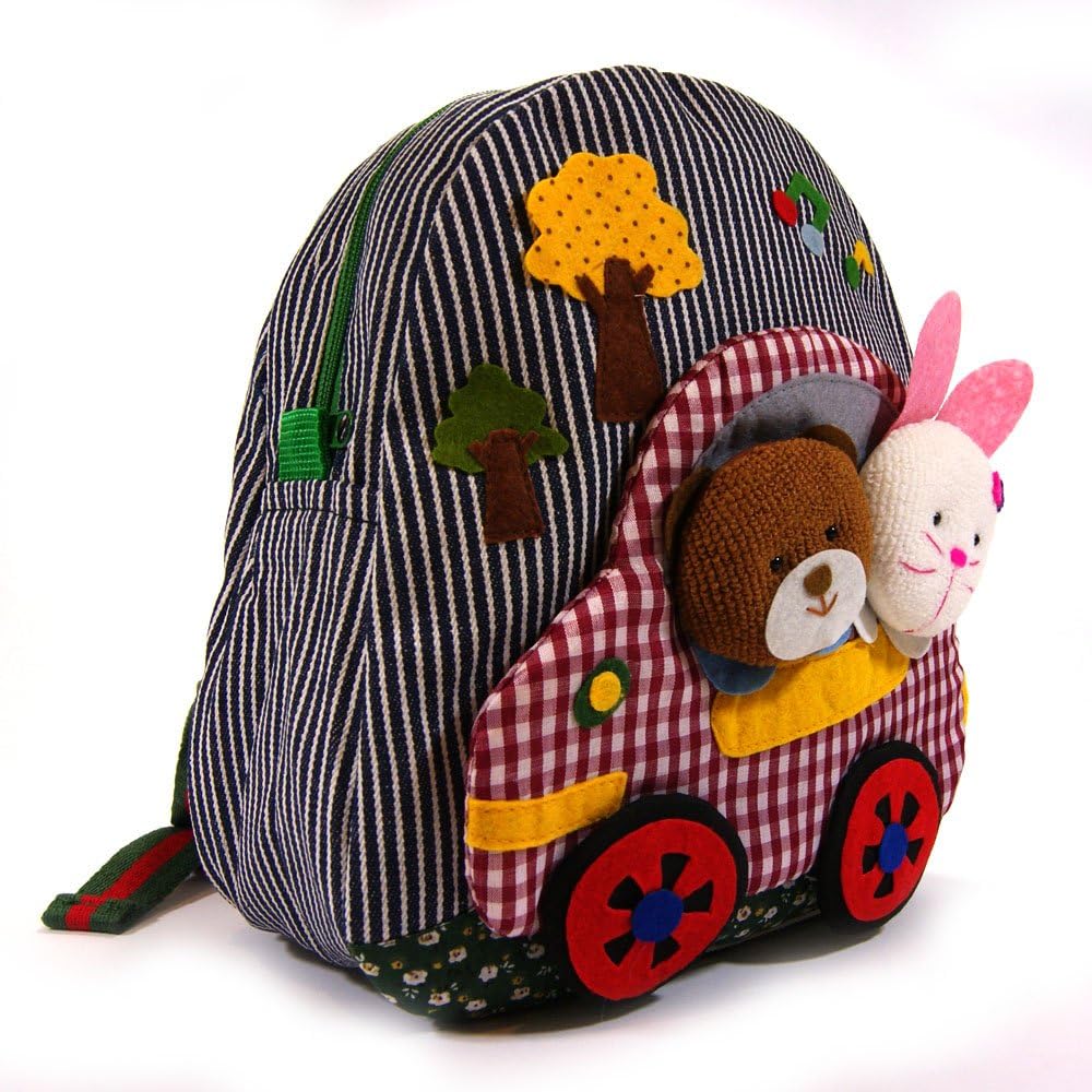 My Little Puppet Handcrafted Backpack for Kids Toddlers, Big Brown Bear & Little Bunny on a Picnic Trip - Black & White Stripes
