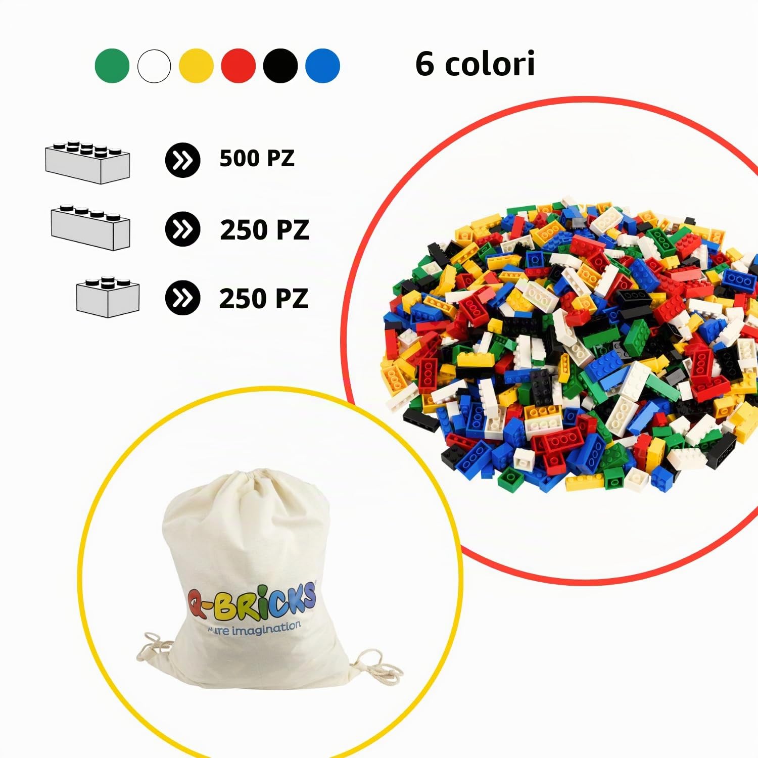 Set di Costruzioni Creative con Mattoncini Classici – 1000 Pezzi (2,2 kg) | 3 Formati: 1x4, 2x2, 2x4 | 6 Colori | Compatibile con le Principali Marche | Prodotto nell’UE (Colori Base)