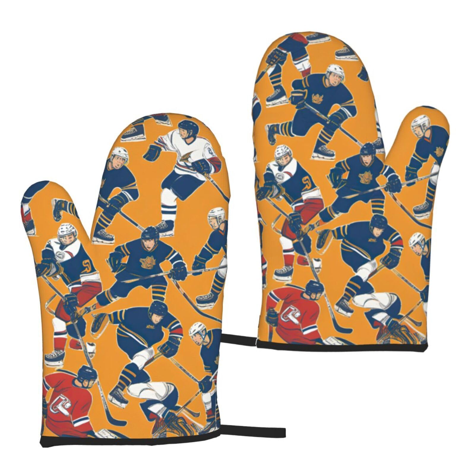 Nimongt Women's Black Hockey Print Adults Universal Fit Heat Resistant Oven Gloves Reusable Cooking Outdoor Grilling