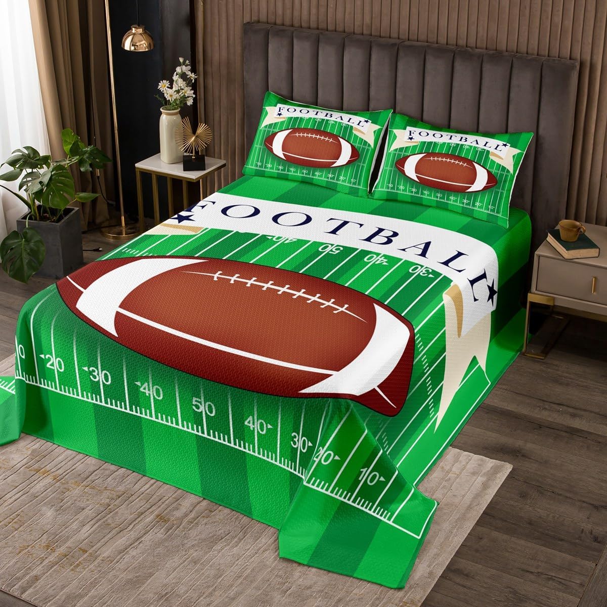 Erosebridal Football Coverlet Set,Sports Ball Game Quilt Set Queen Size for Kids Teens Adults,Rugby Bed Cover Bedroom Decor,Geometric Stripes Bedspread Set