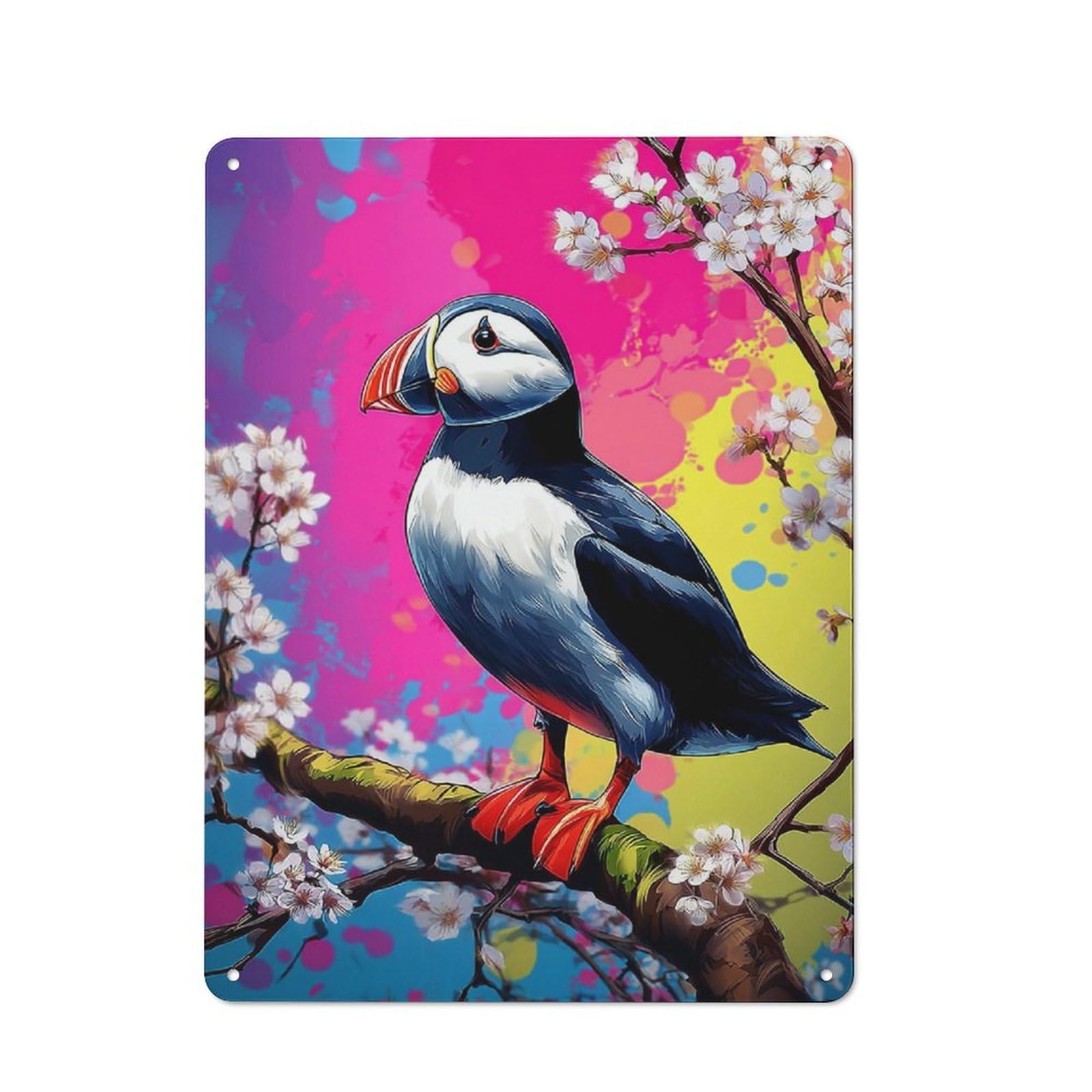 Junmoney Puffin Perched On Blossom Branch -2 Printed Metal Sign 40X30cm For Dining Room Or Kitchen, A Christmas Gift For People Styling Dining Room And Kitchen