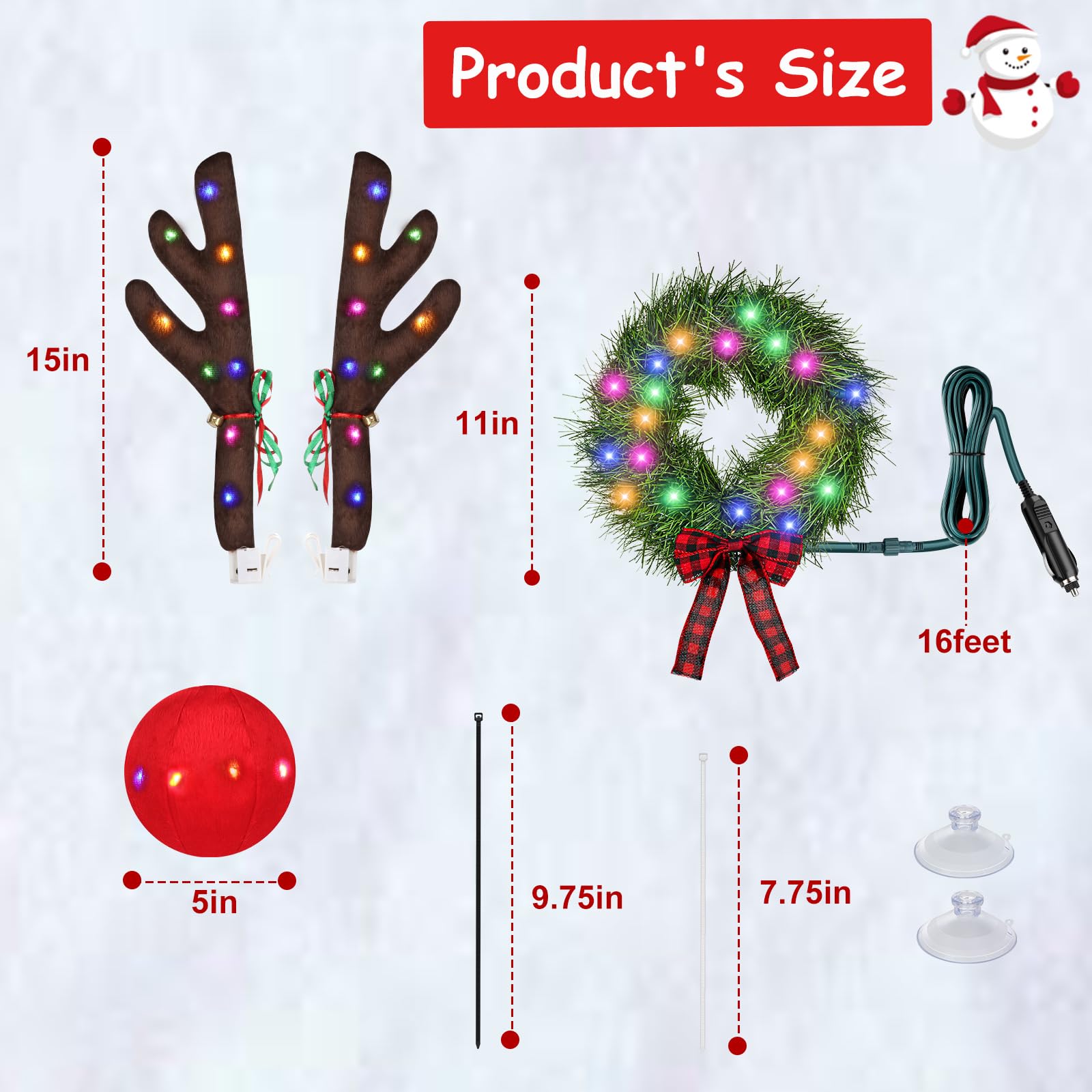 ovsor Christmas Wreath & Reindeer Car Kit - 12-Volt Plug-in Wreath Lighting for Car Decorations, Sturdy Rudolph Reindeer with LED, Jingle Bells, Car Reindeer Kits for Any Vehicle Decorations