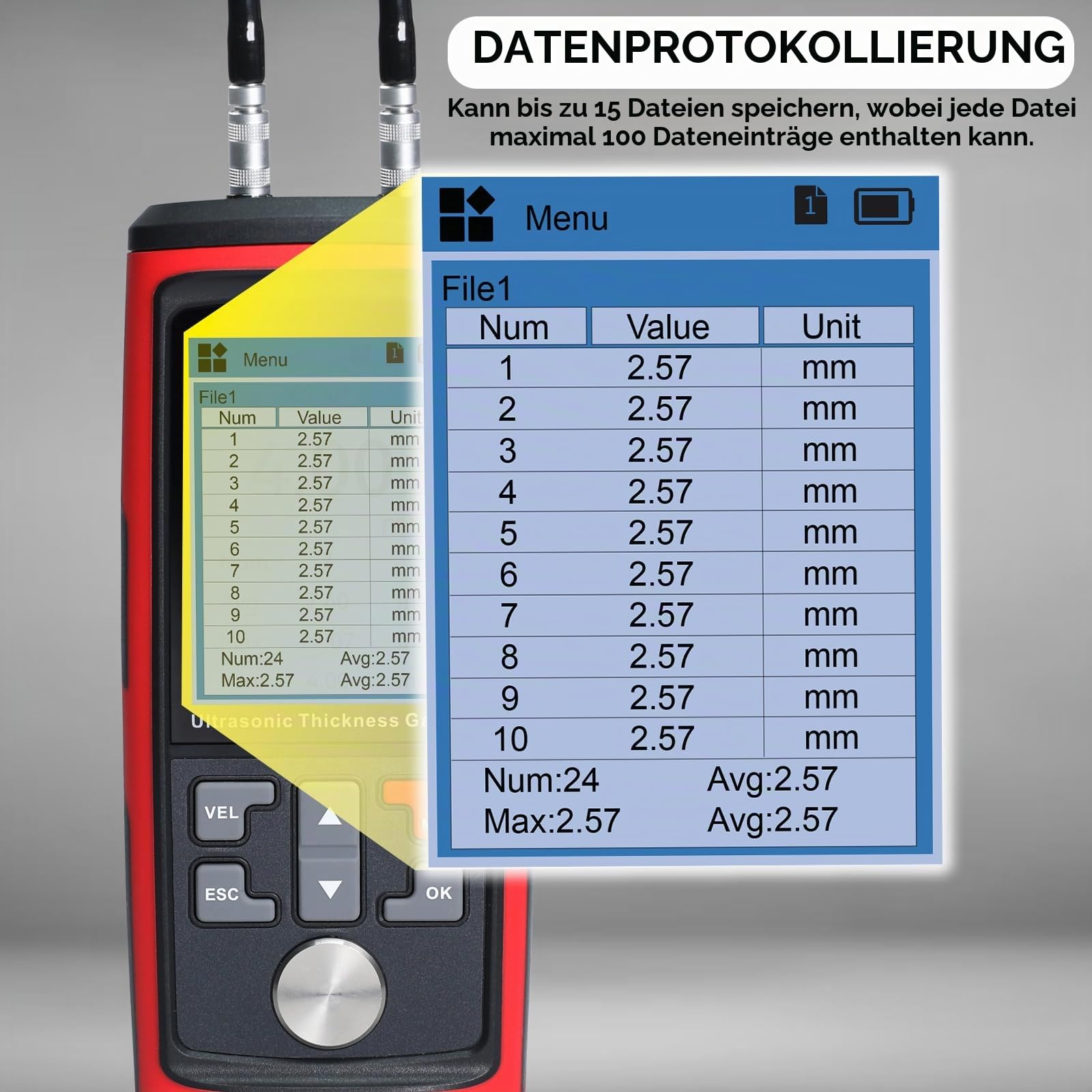 Zerstörungsfreies Ultraschall-Dickenmessgerät mit Alarm, Datenspeicher und PC-Software für Metalle, Glas und Kunststoffe