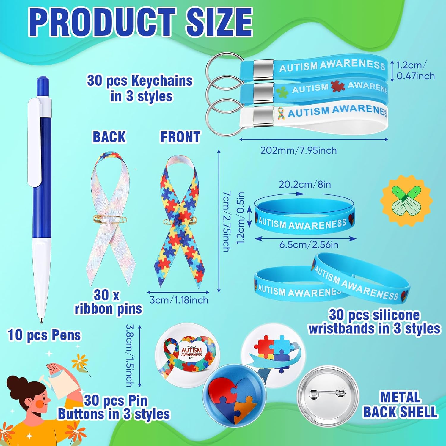 Watersay 326 Pcs Autism Awareness Accessories Includes Ribbon Pins, Badge Brooches, Pens, Stickers, Silicone Wristbands & Keychains Bulk Set for Autism Awareness Month Supplies