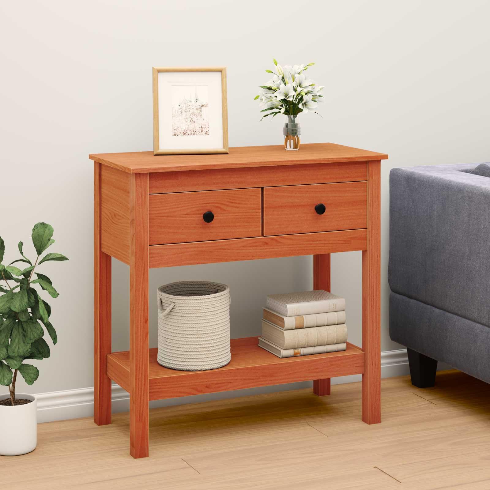 Mesa consola marrón cera madera de pino maciza, 75 x 35 x 75 cm, con cajones y estante, mesa auxiliar, mesa auxiliar para salón, dormitorio, pasillo, oficina, ahorra espacio, moderna
