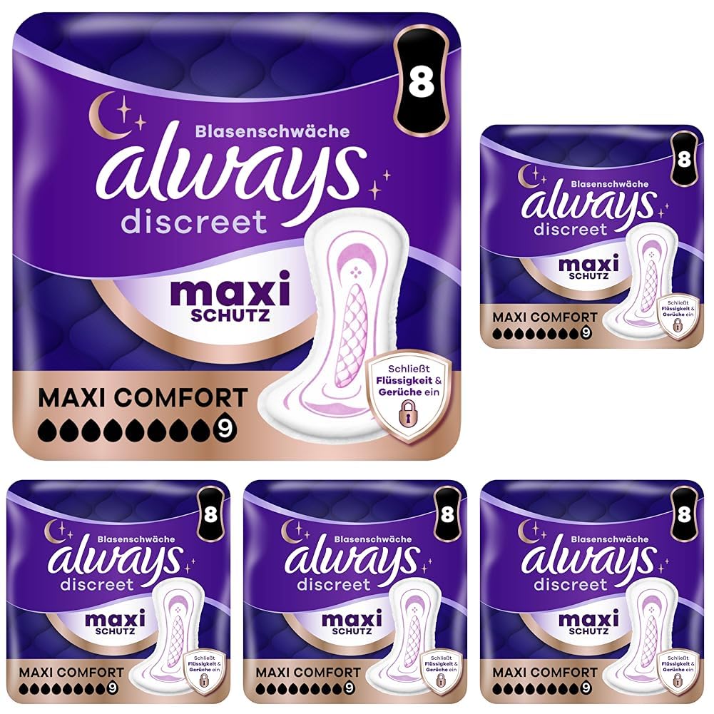 Always Discreet Inkontinenz-Einlagen Maxi Comfort Tag Und Nacht Für Frauen, Saugstärke 9, 8 Stück, Extra Sicher Bei Blasenschwäche, Geruchskontrolle (Packung mit 5)