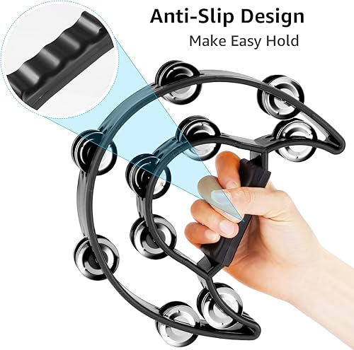 Miniatura 4 de Pandereta de doble fila, paquete de 2 panderetas de 10 pulgadas para adultos, instrumento musical de media luna con 20 jingles de metal, percusión