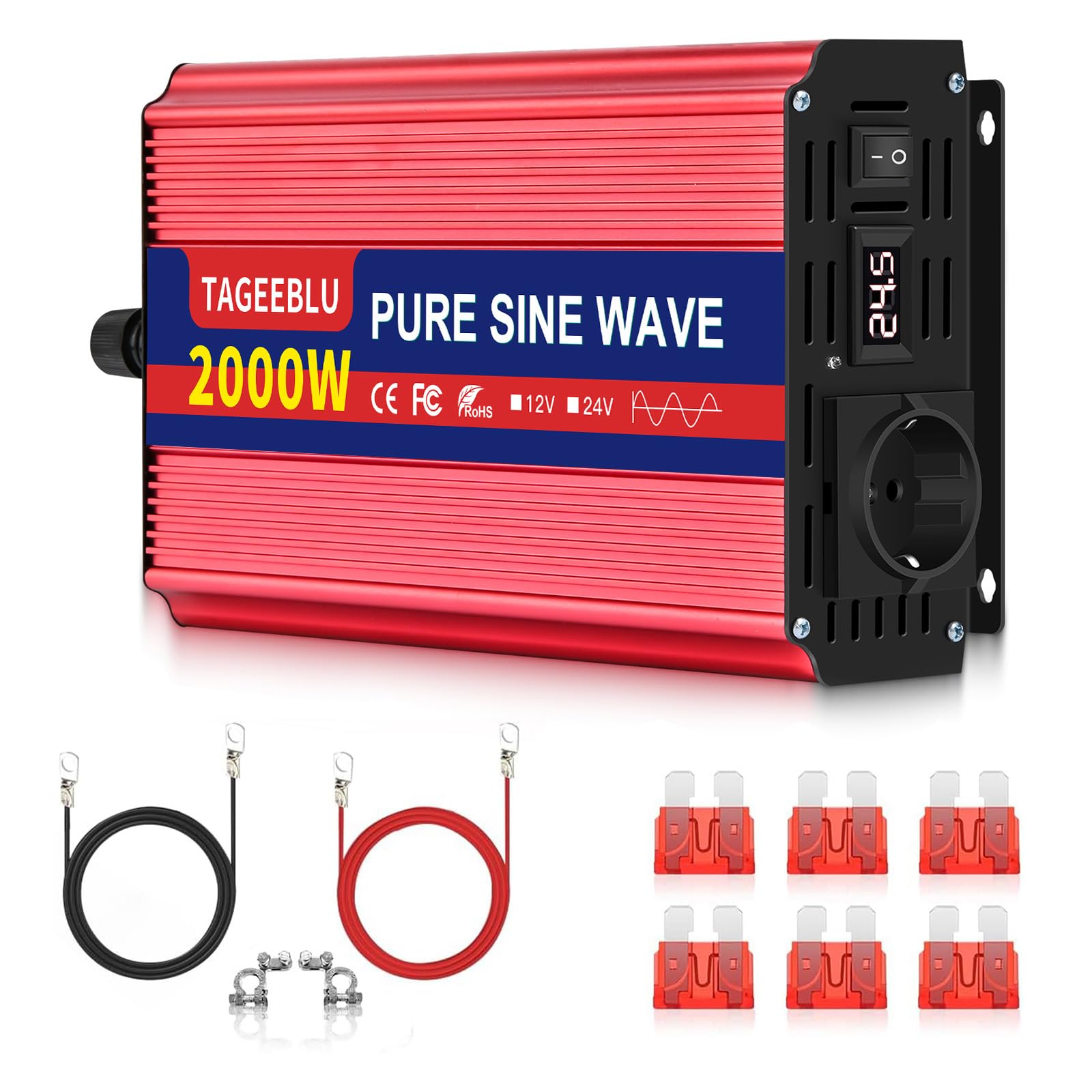 2000w Inverter 24v 220v Onda Pura con Display LCD & EU Presa