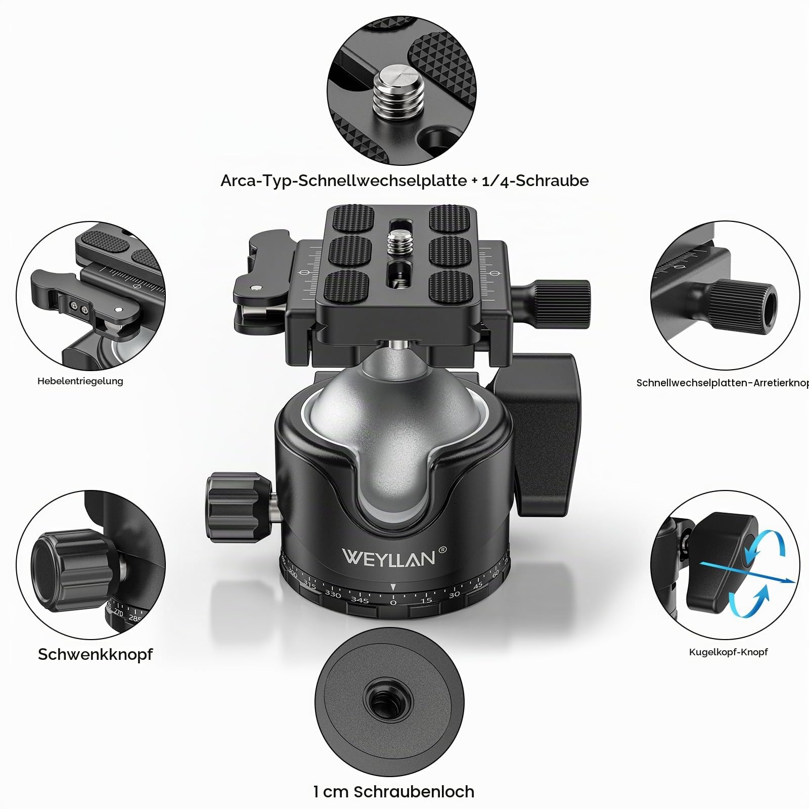 WEYLLAN EH46L Stativkugelkopf mit Hebelentriegelung, 46mm Flacher Schwerer Kugelkopfmontage mit Arca Swiss Schnellwechselplatte, für Kamerastativ, Monopod, DSLR, Teleskop, maximale Belastung 20kg